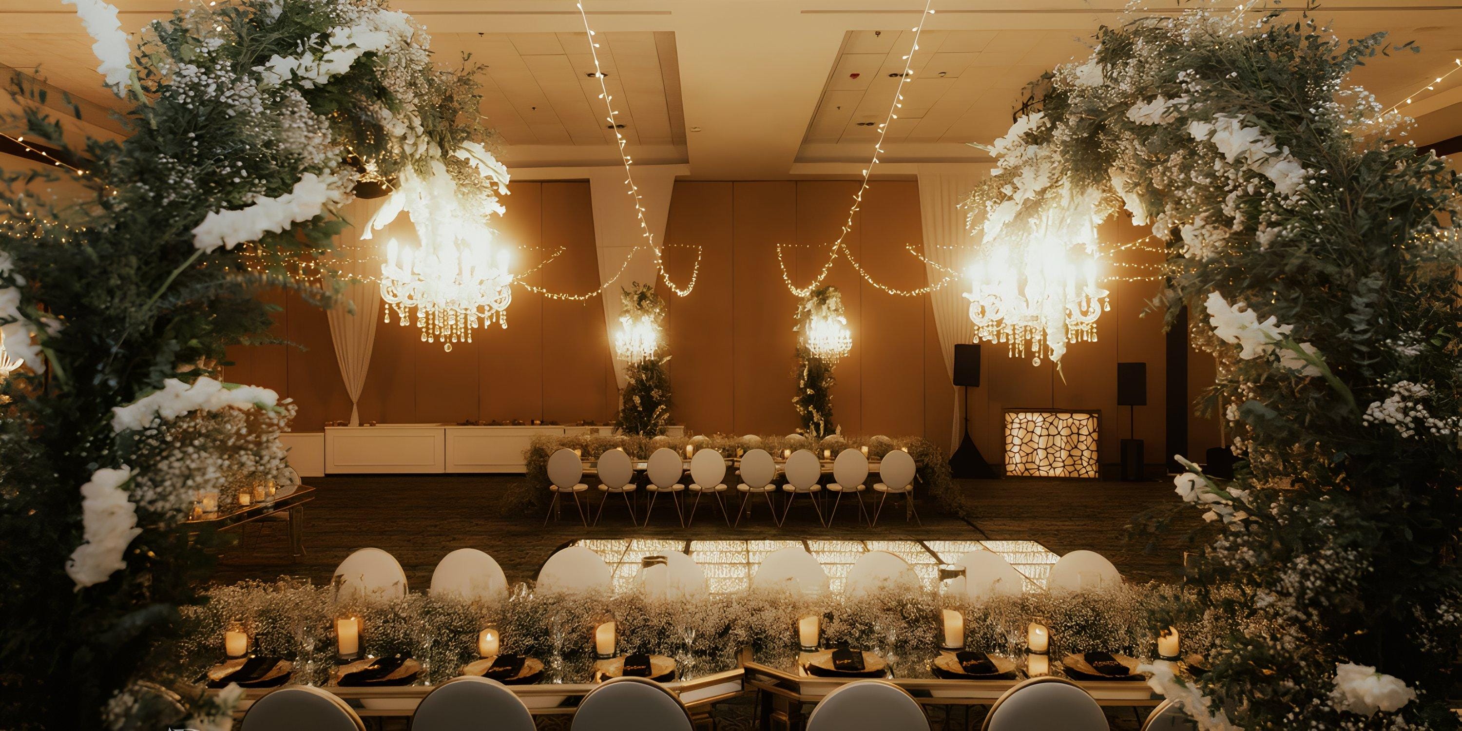 Banquet hall set for destination wedding with chandeliers, floral arches, and dining tables.