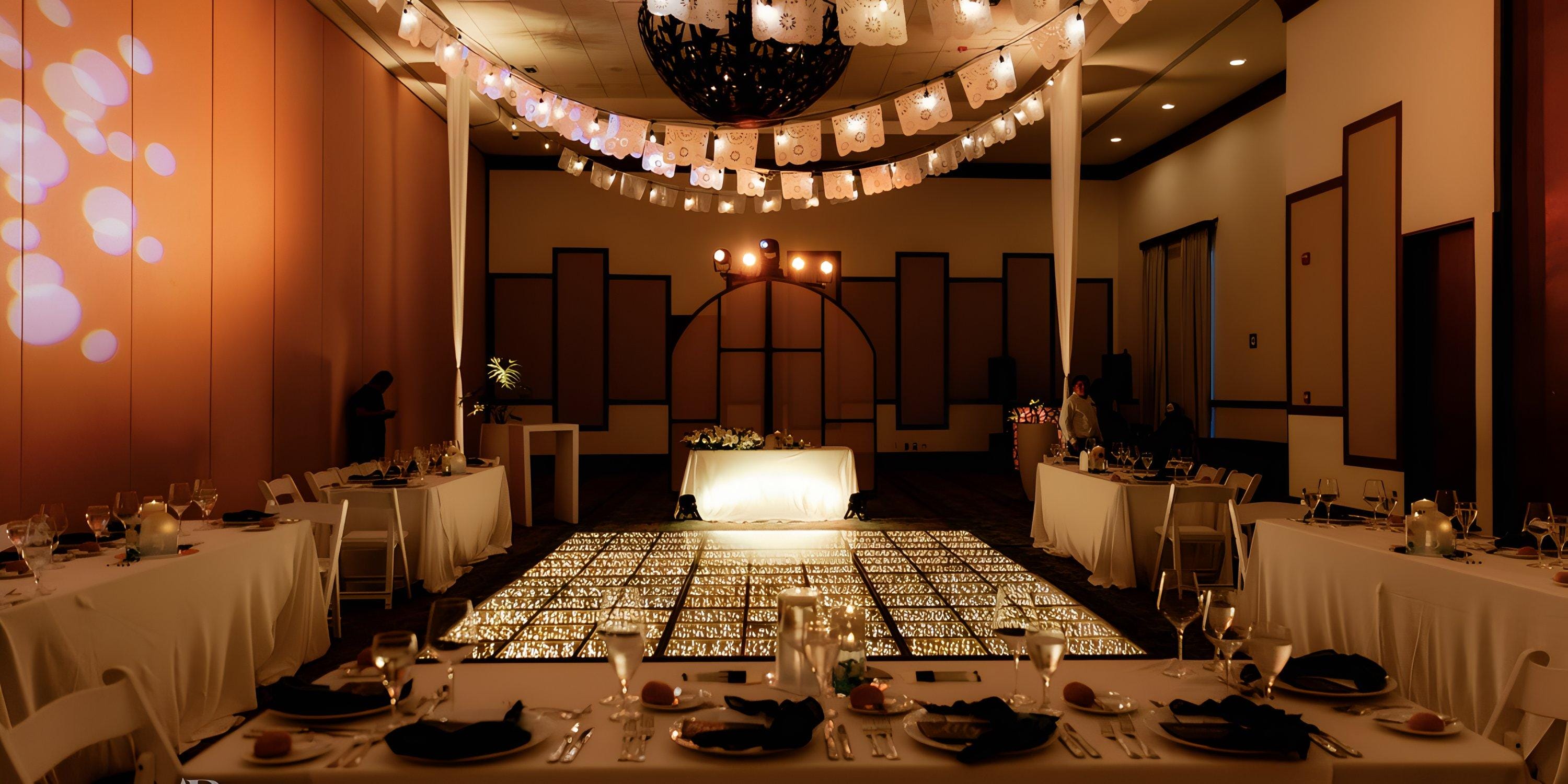 Elegant destination wedding hall with draped lights, set tables, and a glowing dance floor.