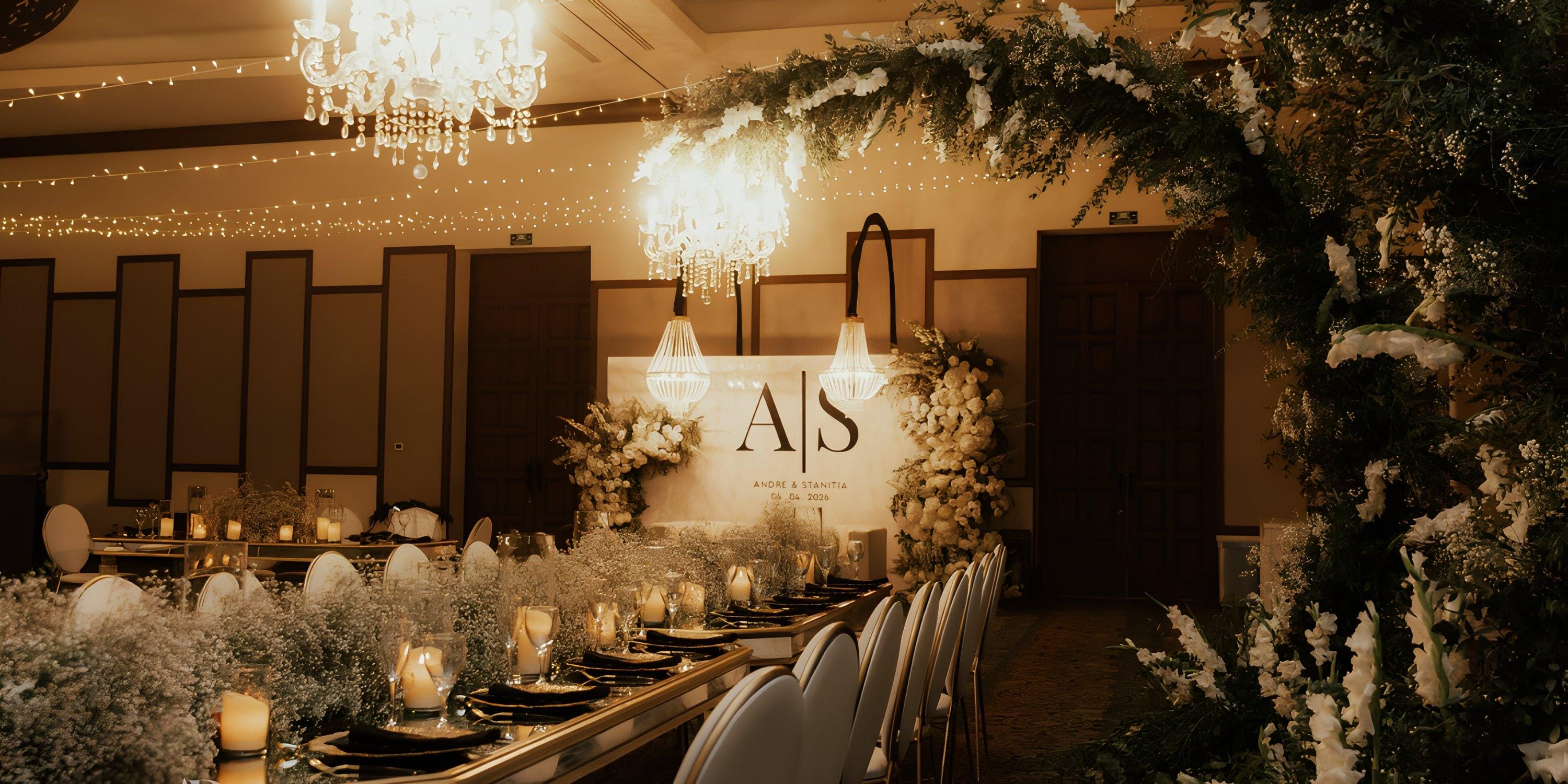 Destination wedding reception featuring chandeliers, lush floral decor, and an "A/S" sign.