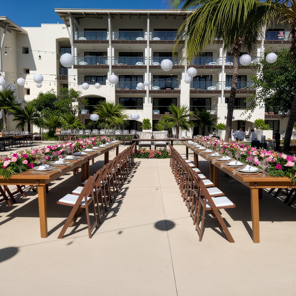 Destination wedding setup featuring long tables with floral centerpieces and wooden chairs by a modern building.