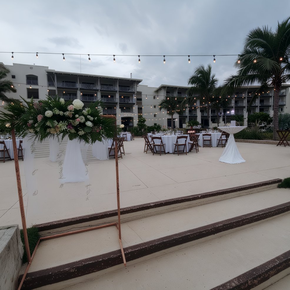 Destination wedding venue featuring tables and lights outdoors, with palm trees and a modern building.