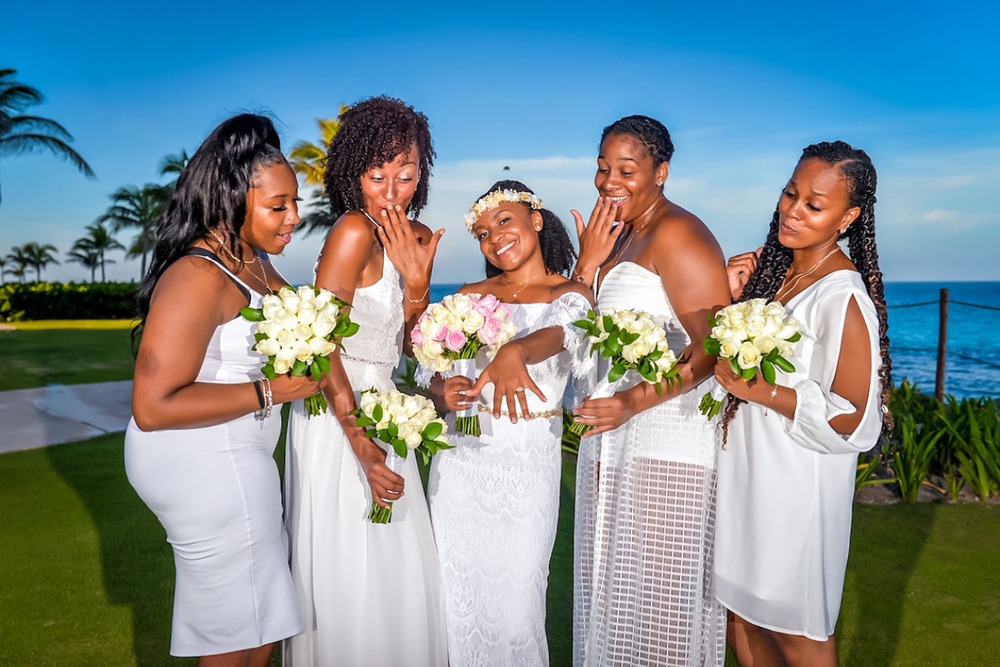 Bride and bridesmaids in the caribbean