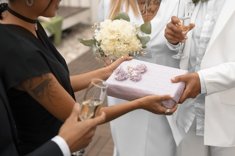 A person hands a wrapped wedding gift to a couple dressed in wedding attire, as all three hold champagne glasses at the destination wedding.