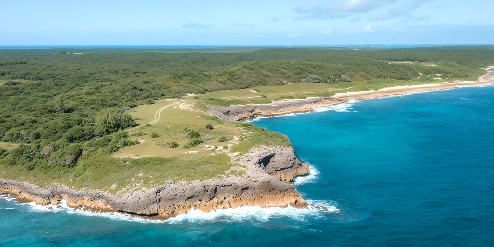 Aerial view of a stunning coastline, green fields, and blue ocean—an idyllic destination wedding spot.