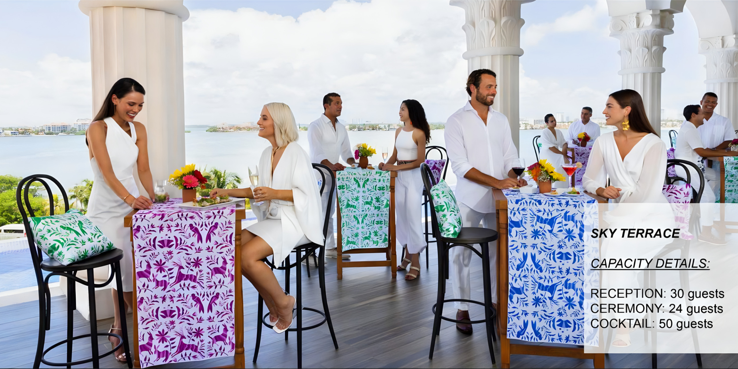 A group of people socializing on a sky terrace with a waterfront view at a destination wedding, featuring two women seated at a bar and others standing and chatting.