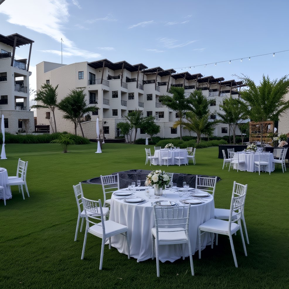 Round tables draped in white linens await a destination wedding on a grassy lawn outside a modern hotel.