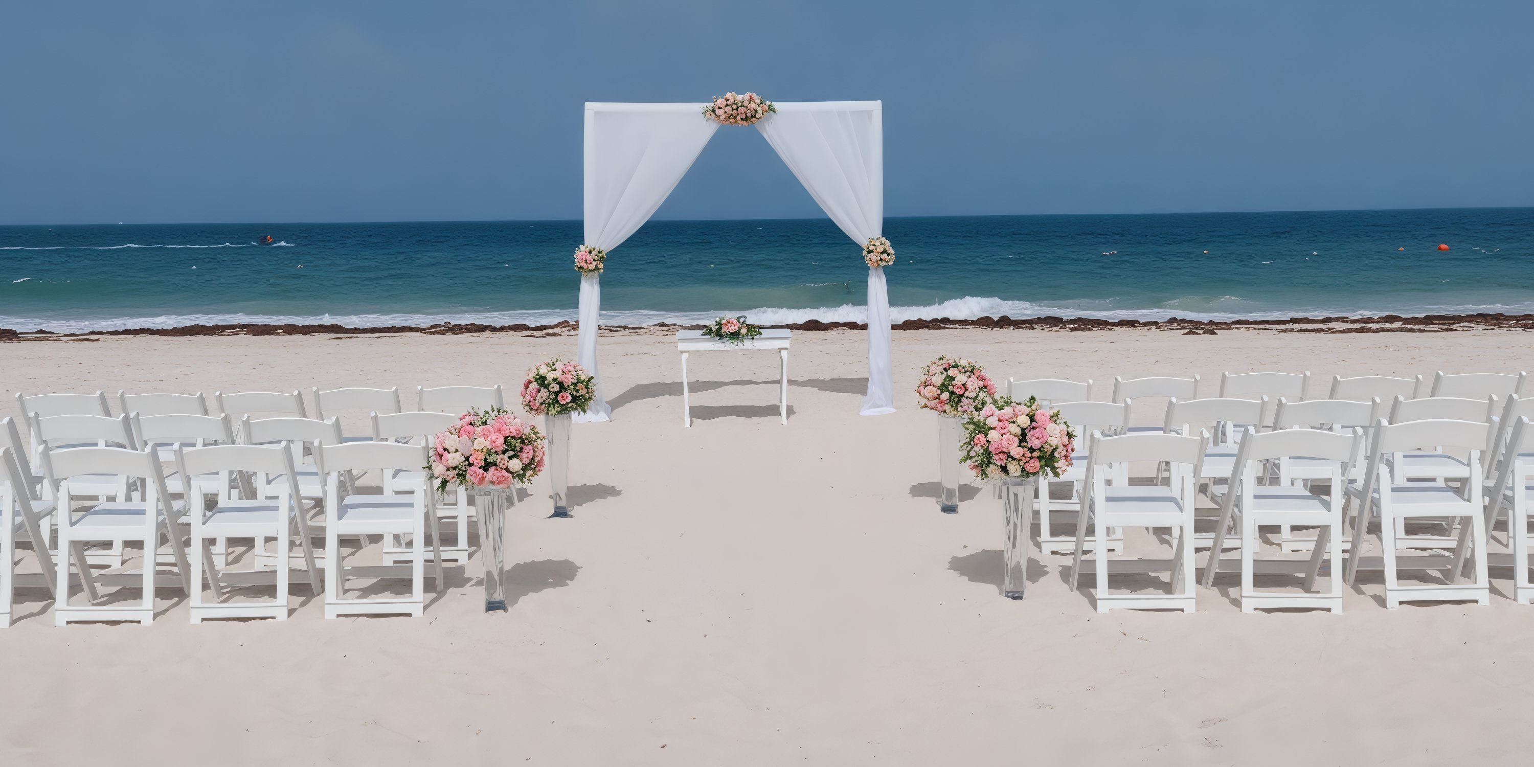 Catalonia Grand Costa Mujeres provides destination weddings featuring beach ceremonies with elegant white chairs and a beautifully adorned floral arch.