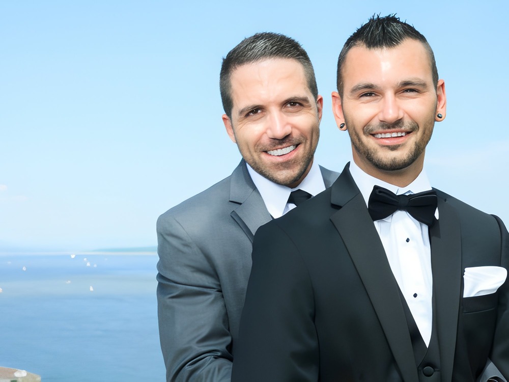 Two men in suits smiling joyfully at their LGBTQ+ destination wedding, with the ocean serving as a stunning backdrop.
