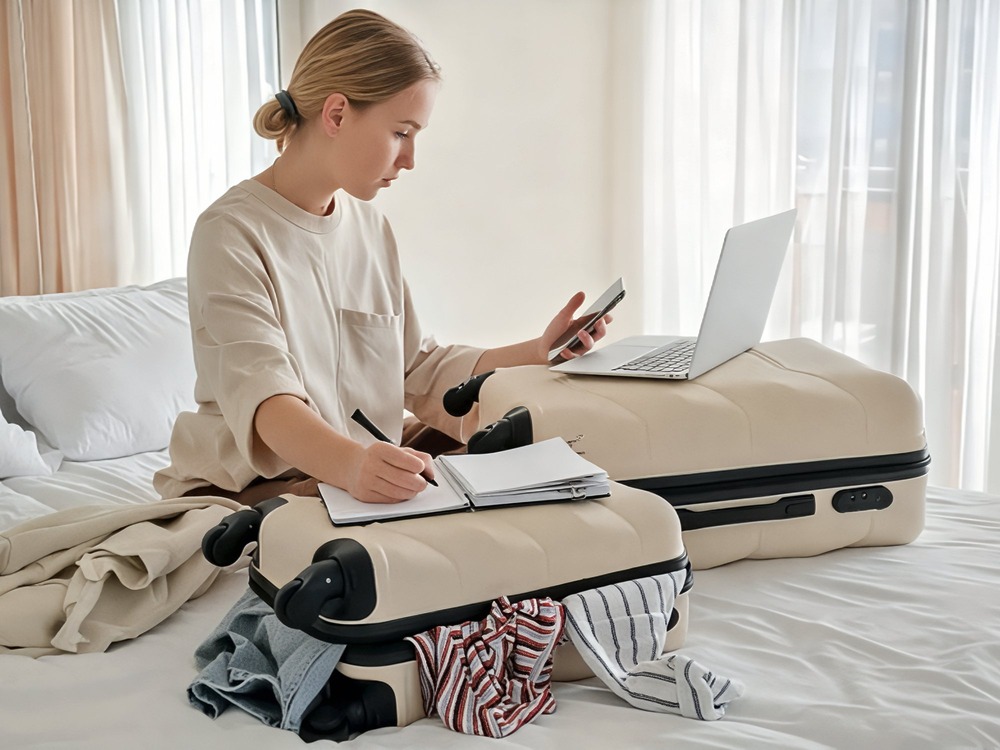 A person sits on a bed surrounded by open suitcases, thoughtfully creating a packing list for their destination wedding.