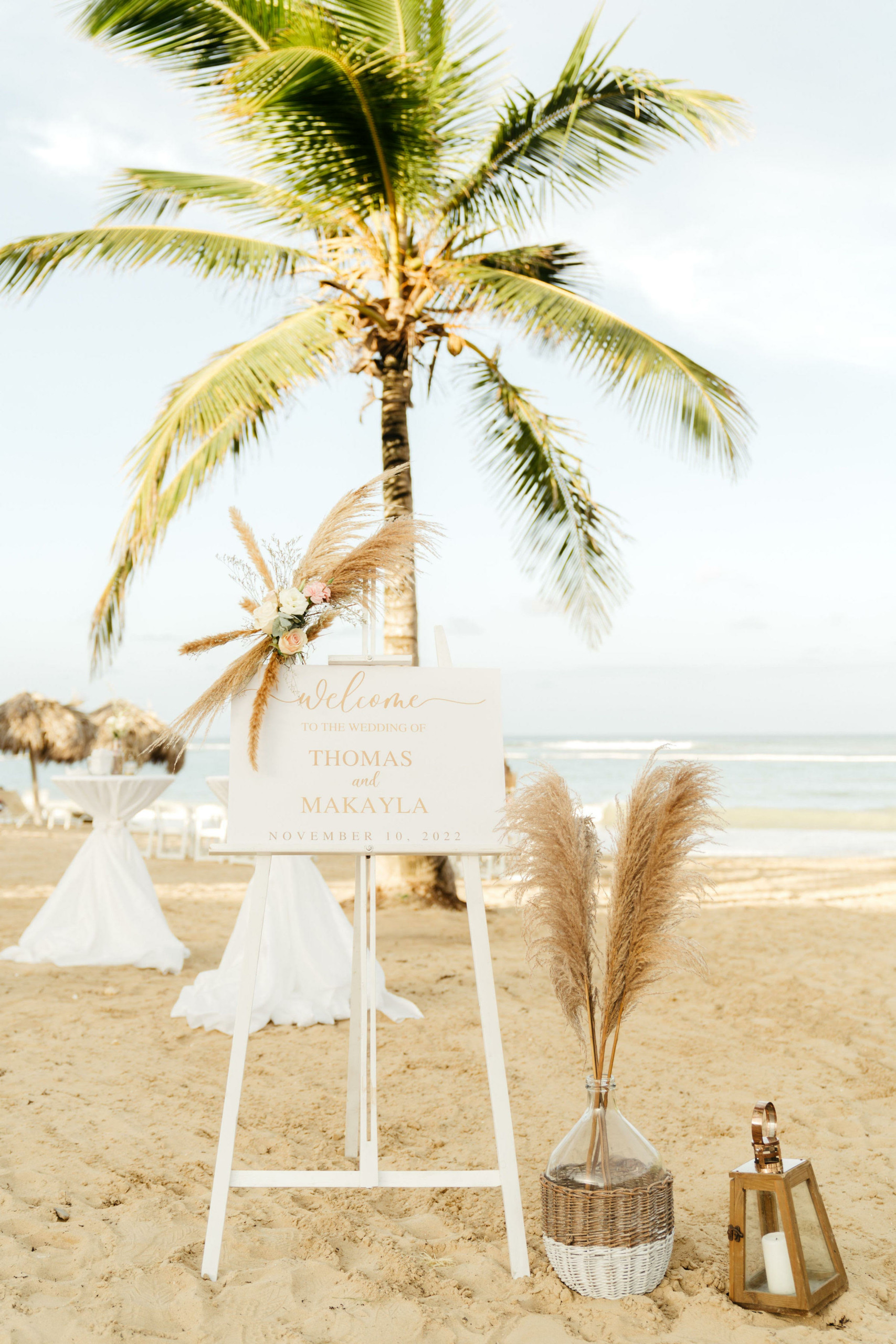 A Makayla and Thomas on the beach with a palm tree in the background.