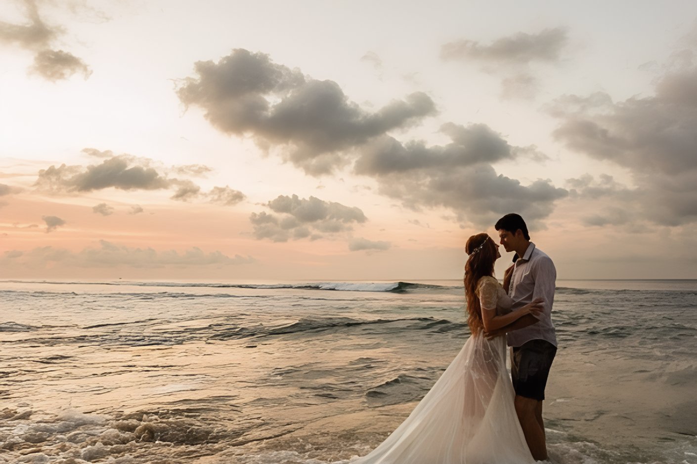 A bride and groom standing in the ocean at sunset at Fairmont El San Juan Resort.