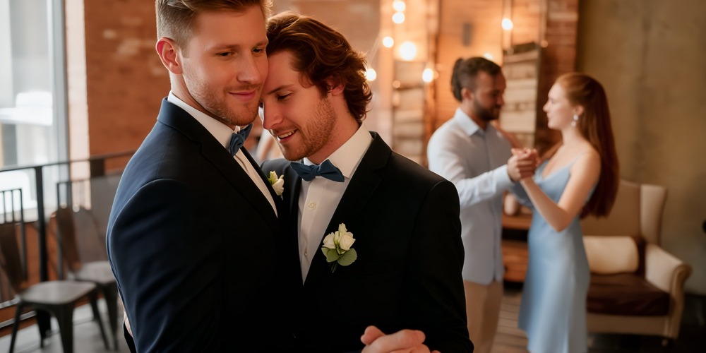 Two men in suits dance closely together to wedding music at a destination wedding, while another couple dances behind them.