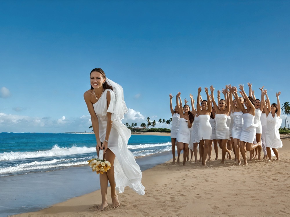 A bride stands barefoot on a sandy beach, holding her bouquet and celebrating her destination wedding date’s special numerology with friends.