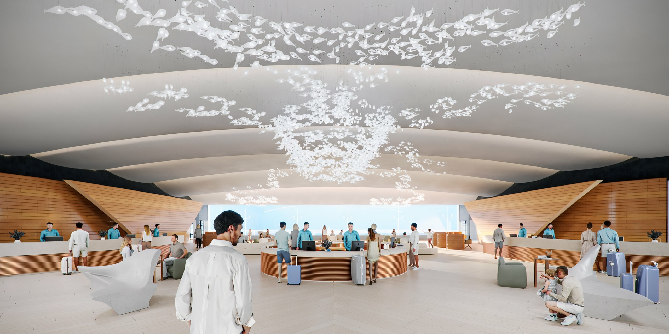 AVA Resort Cancun with travelers, stylish seating, and an artistic ceiling installation.