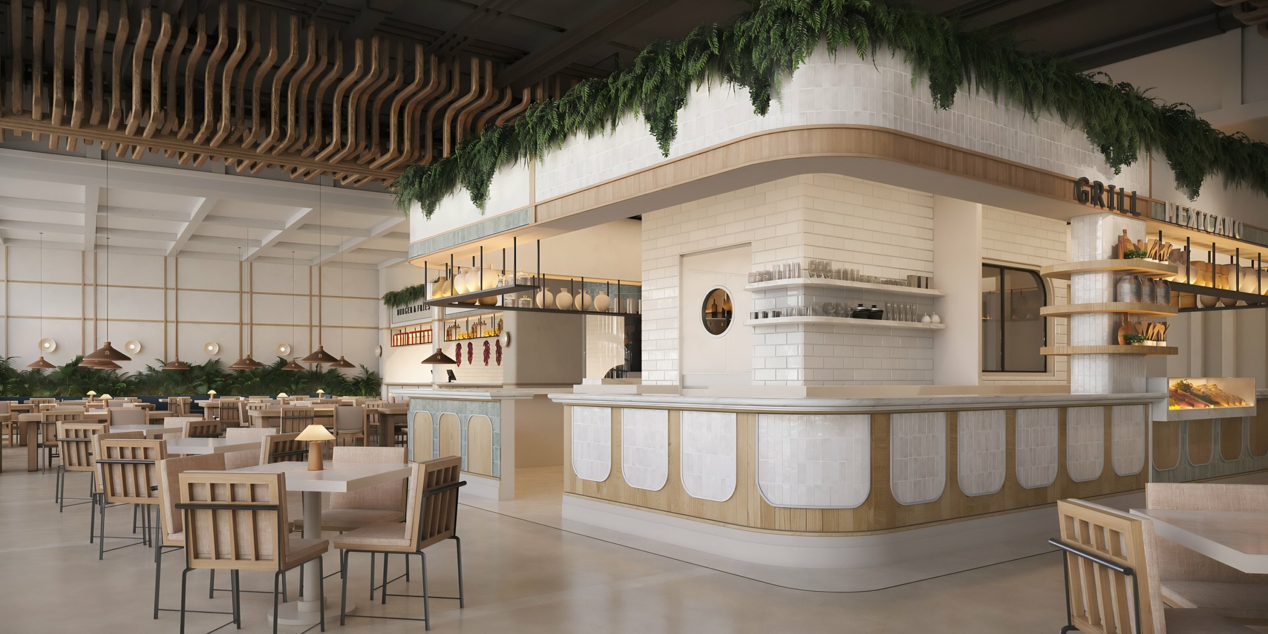 Modern AVA Resort Cancun interior with a clean design, featuring a bar counter, wooden shelves, and spacious seating area.
