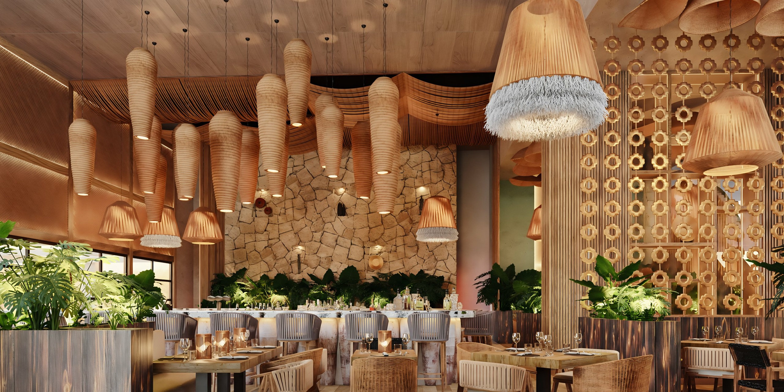 Modern AVA Resort Cancun interior with wooden design elements and pendant lighting.