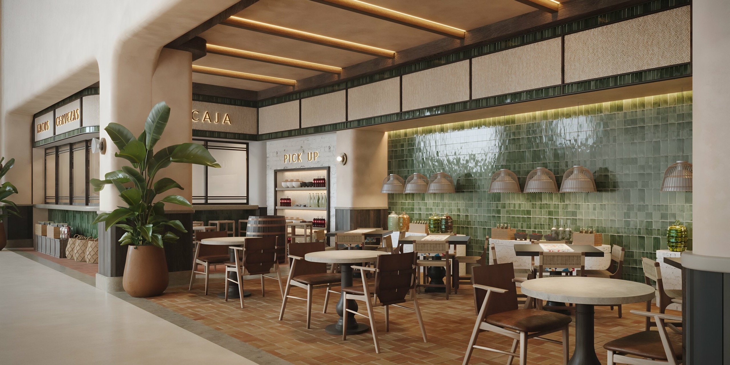 Modern cafe interior with warm lighting, seating areas, and a pickup counter at AVA Resort Cancun.