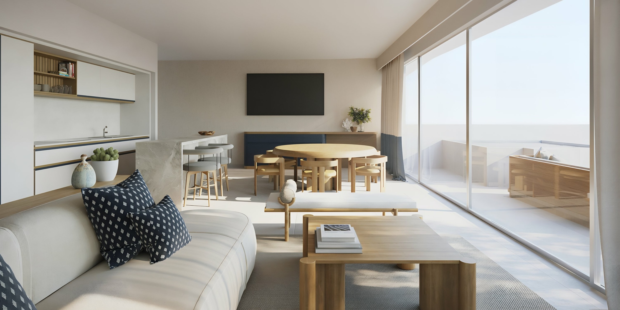 Modern living room interior with a comfortable AVA Resort Cancun, wooden furniture, and an ocean view through large windows.