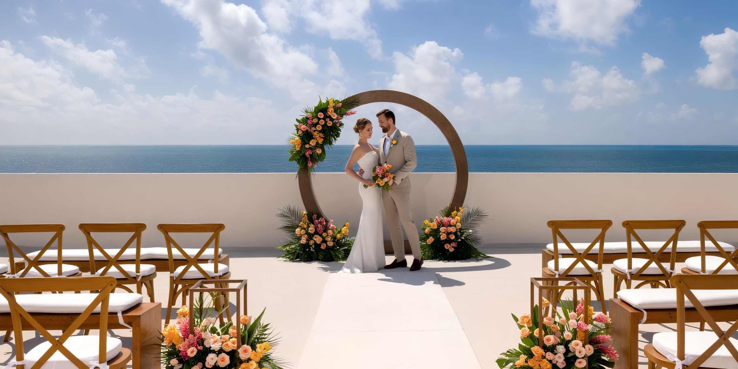 A couple stands by a floral arch on the seaside rooftop of AVA Resort Cancun, perfect for a beautiful destination wedding.