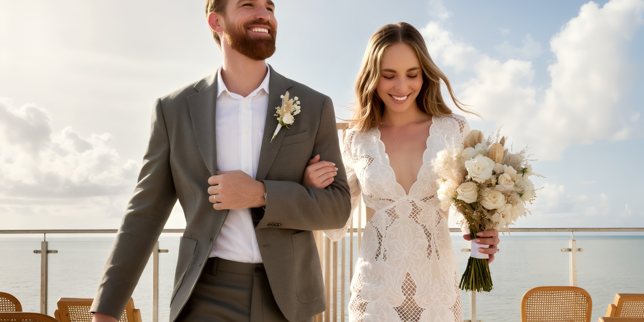 A couple strolls along the deck of AVA Resort in Cancun, with the woman holding a bouquet and the man wearing a boutonniere, painting a picture-perfect moment for their destination wedding.