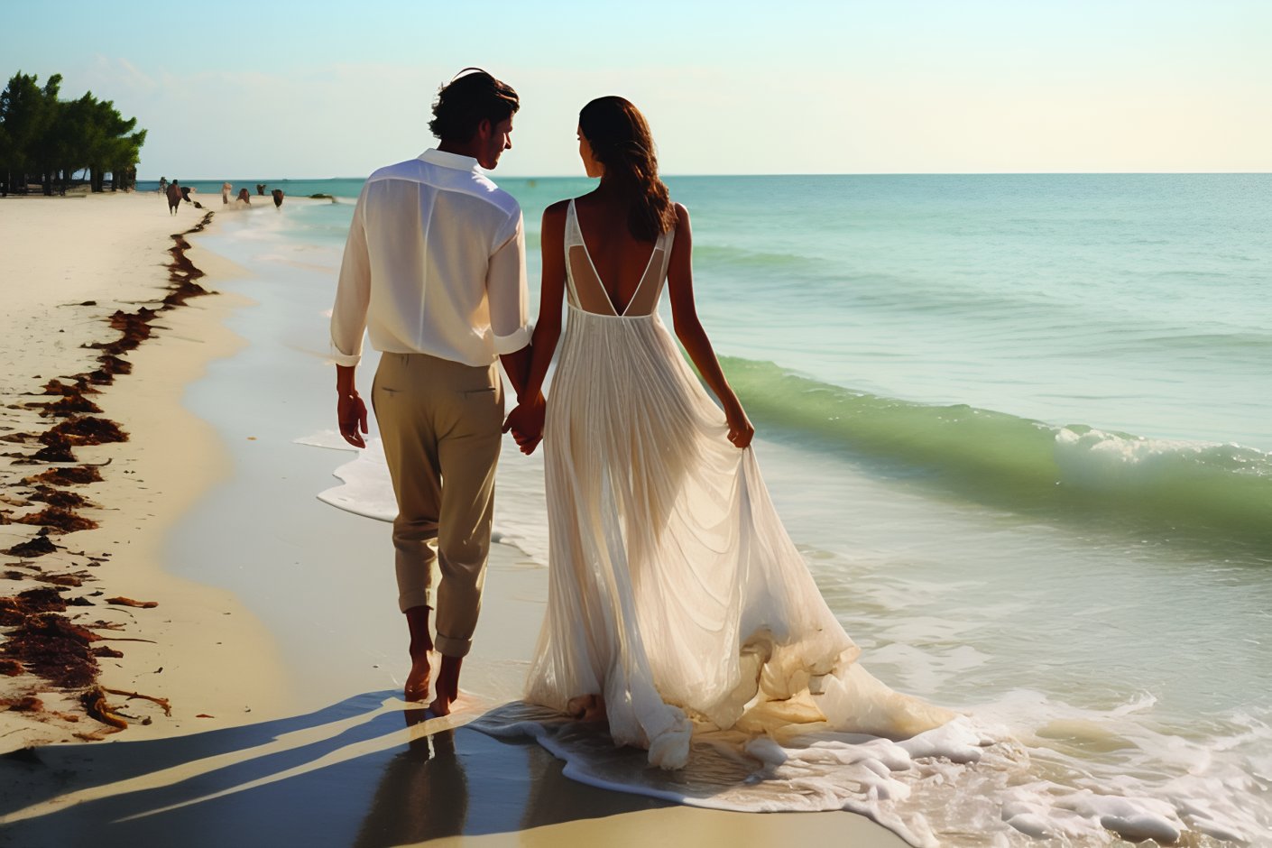 Couple walking hand in hand along the AVA Resort Cancun sandy beach shore.