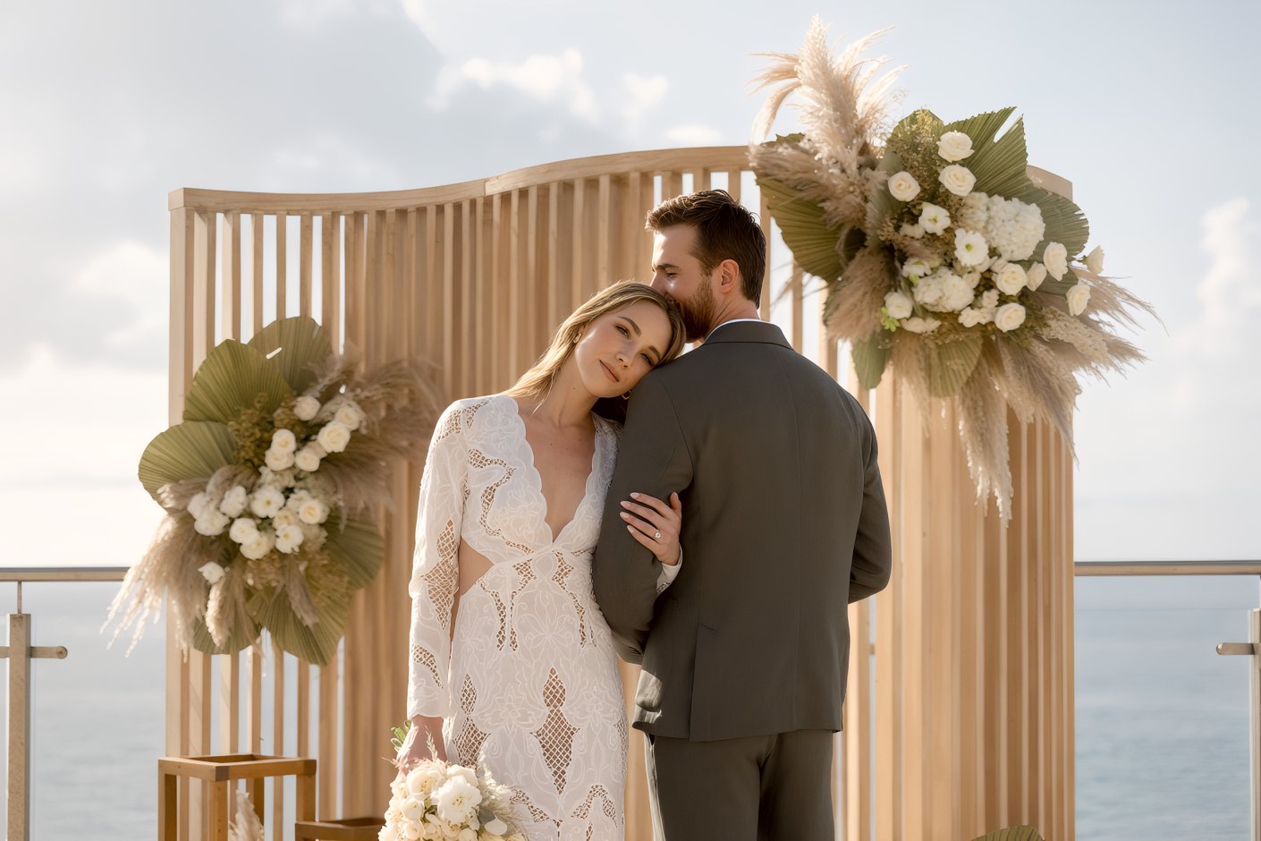 The couple poses at the AVA Resort Cancun wedding altar, enveloped by the ocean's beauty and a vibrant array of flowers. This idyllic setting serves as a perfect backdrop for their unforgettable destination wedding.