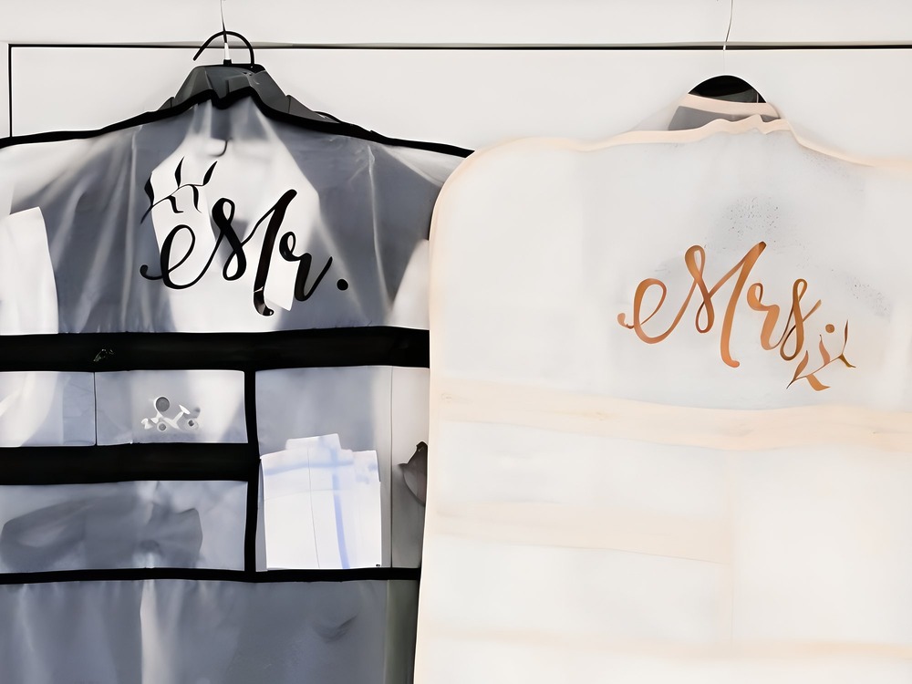 Set of two garment bags labeled "Mr." and "Mrs.," ideal for packing wedding dresses and suits for your wedding or destination wedding.