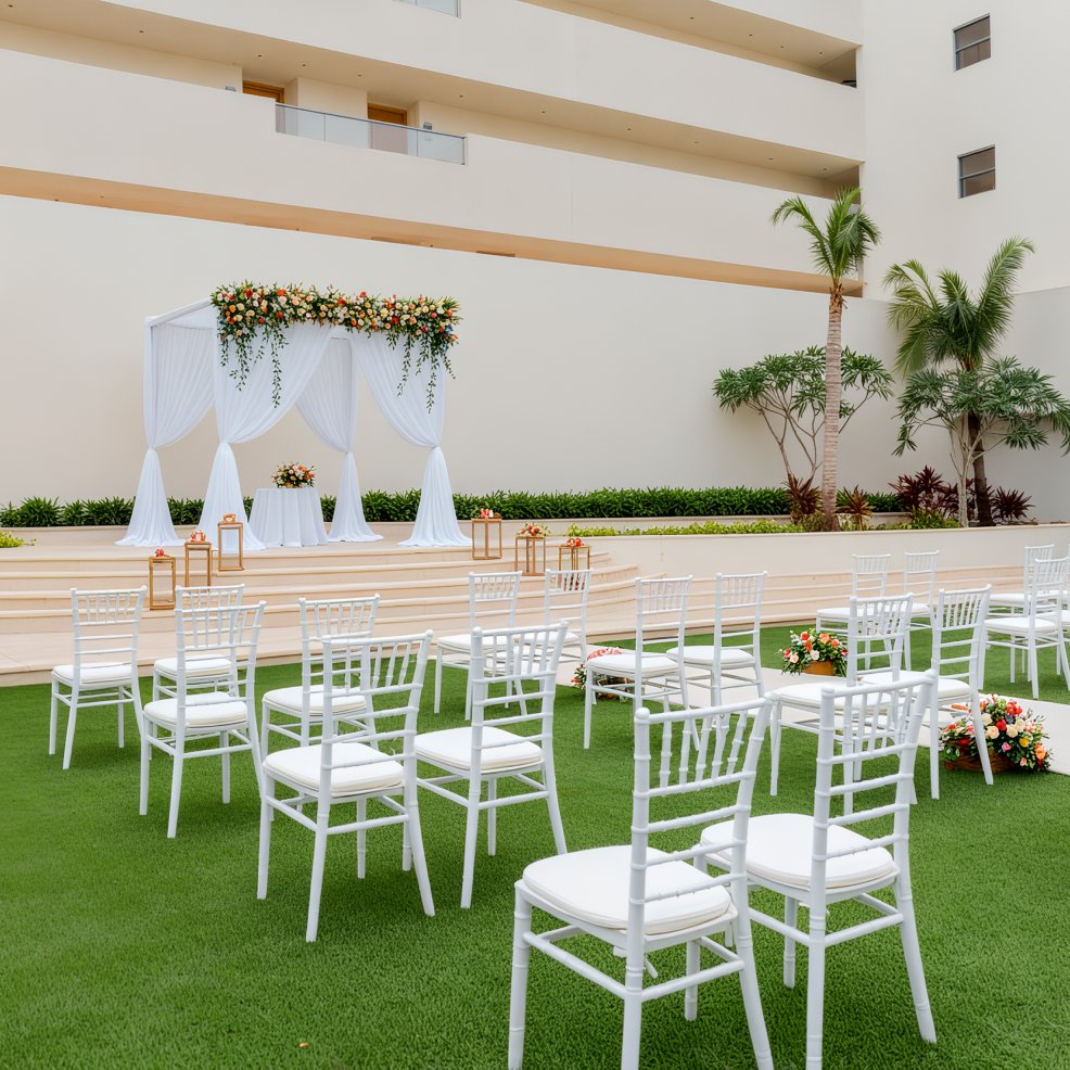 Rows of white chairs are arranged on a lawn, all facing a flower-decorated wedding altar at an outdoor destination wedding venue.