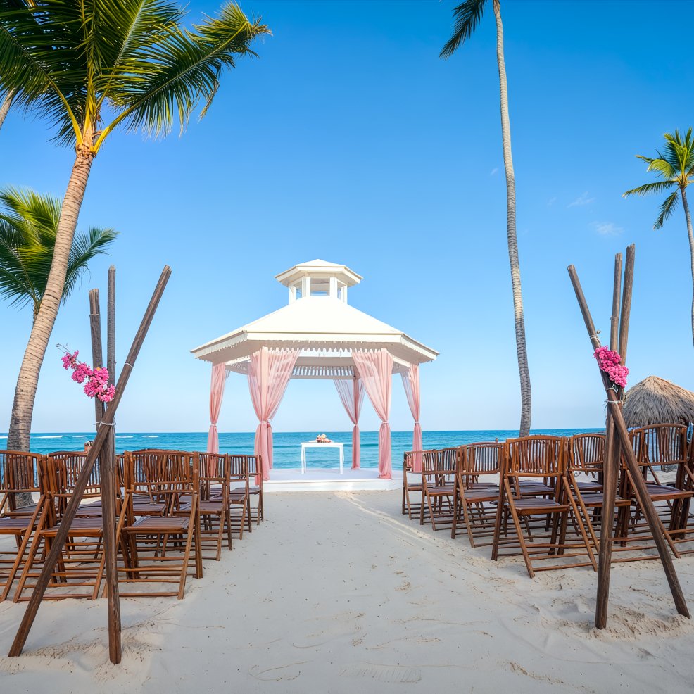 Destination wedding scene featuring bamboo chairs arranged before a pink-draped gazebo and palm trees.