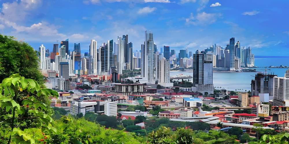 View of a modern city skyline with tall skyscrapers and a coastal bay under a clear blue sky, surrounded by lush green foliage.