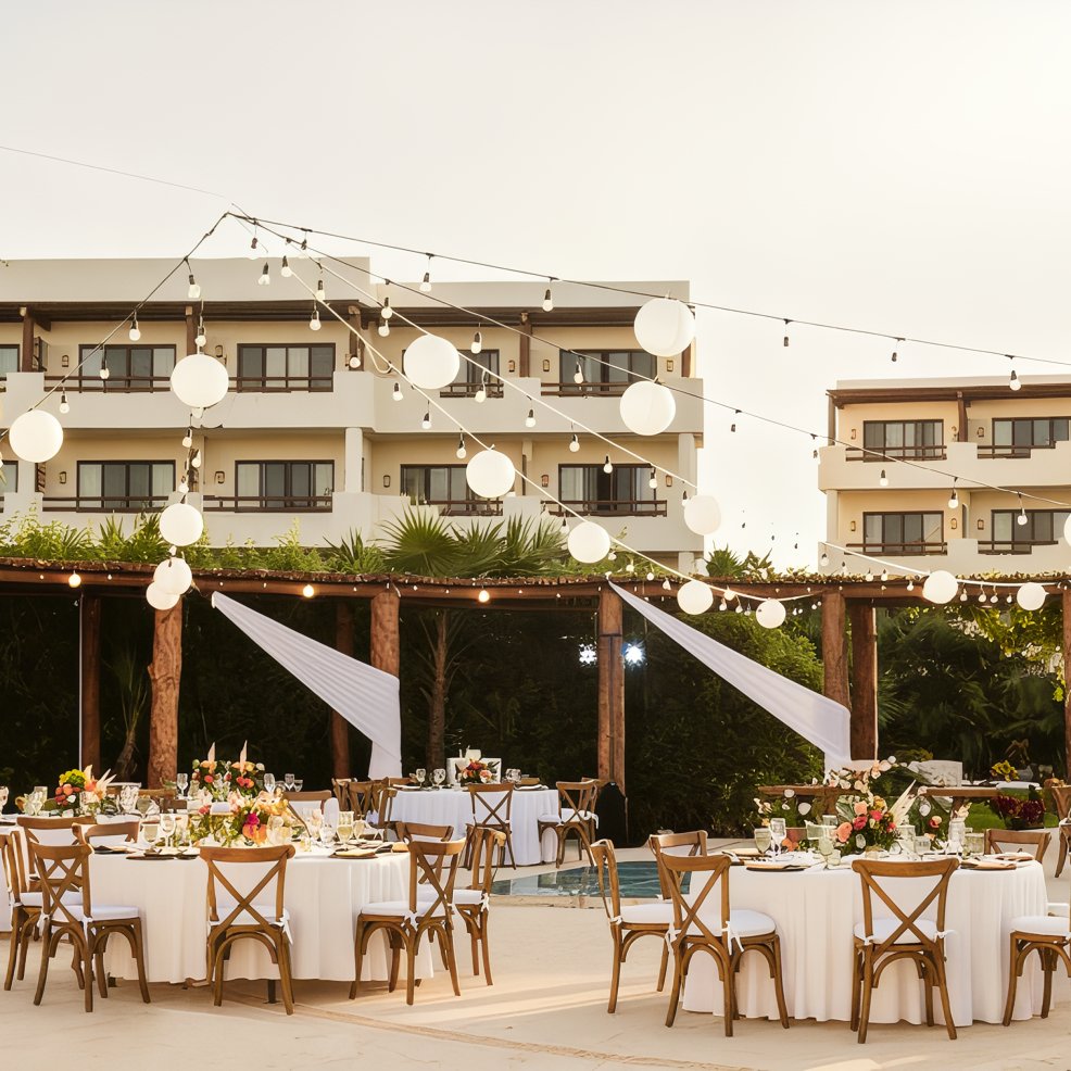 Destination wedding setup with round tables, floral centerpieces, and hanging lights beside a pool.