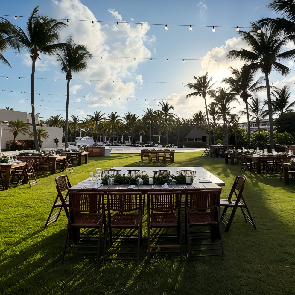 Destination wedding outdoor dining with wooden tables on grass, string lights, and palm trees at sunset.