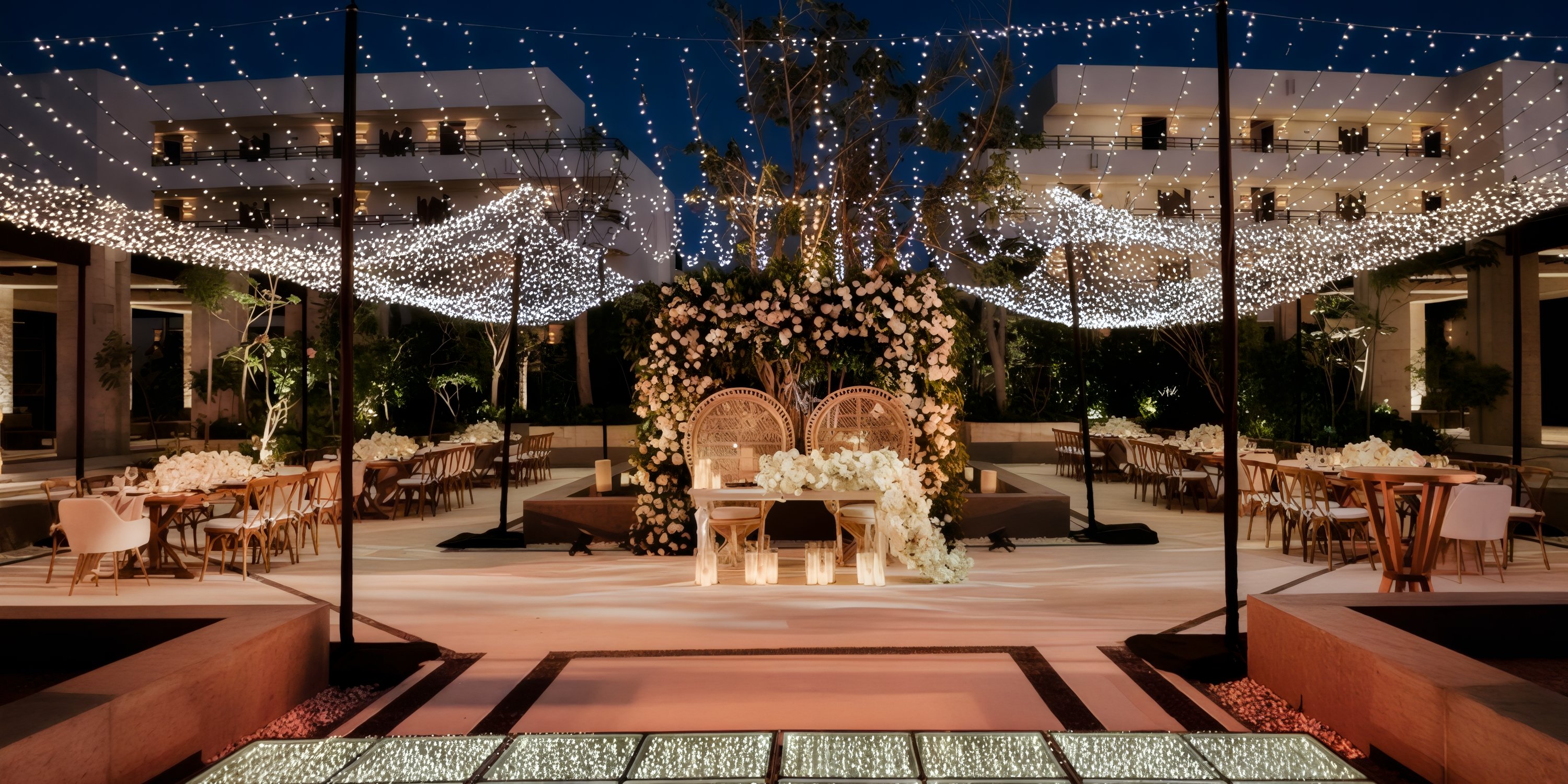 Destination wedding at Secrets Playa Blanca Costa Mujeres, lit up at night with elegant florals and tables.