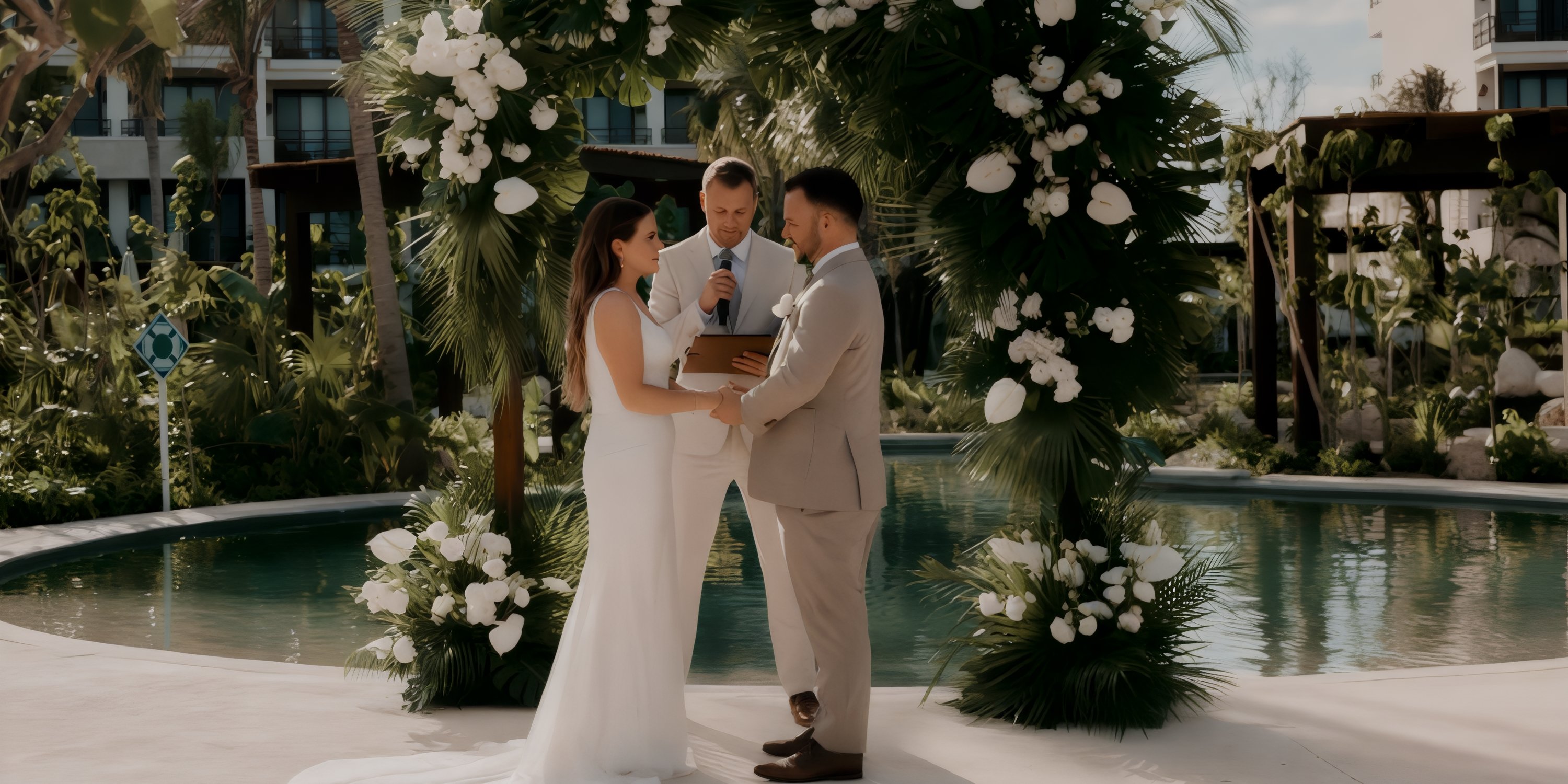 A destination wedding couple exchanges vows by the pool under a floral arch at Secrets Playa Blanca.
