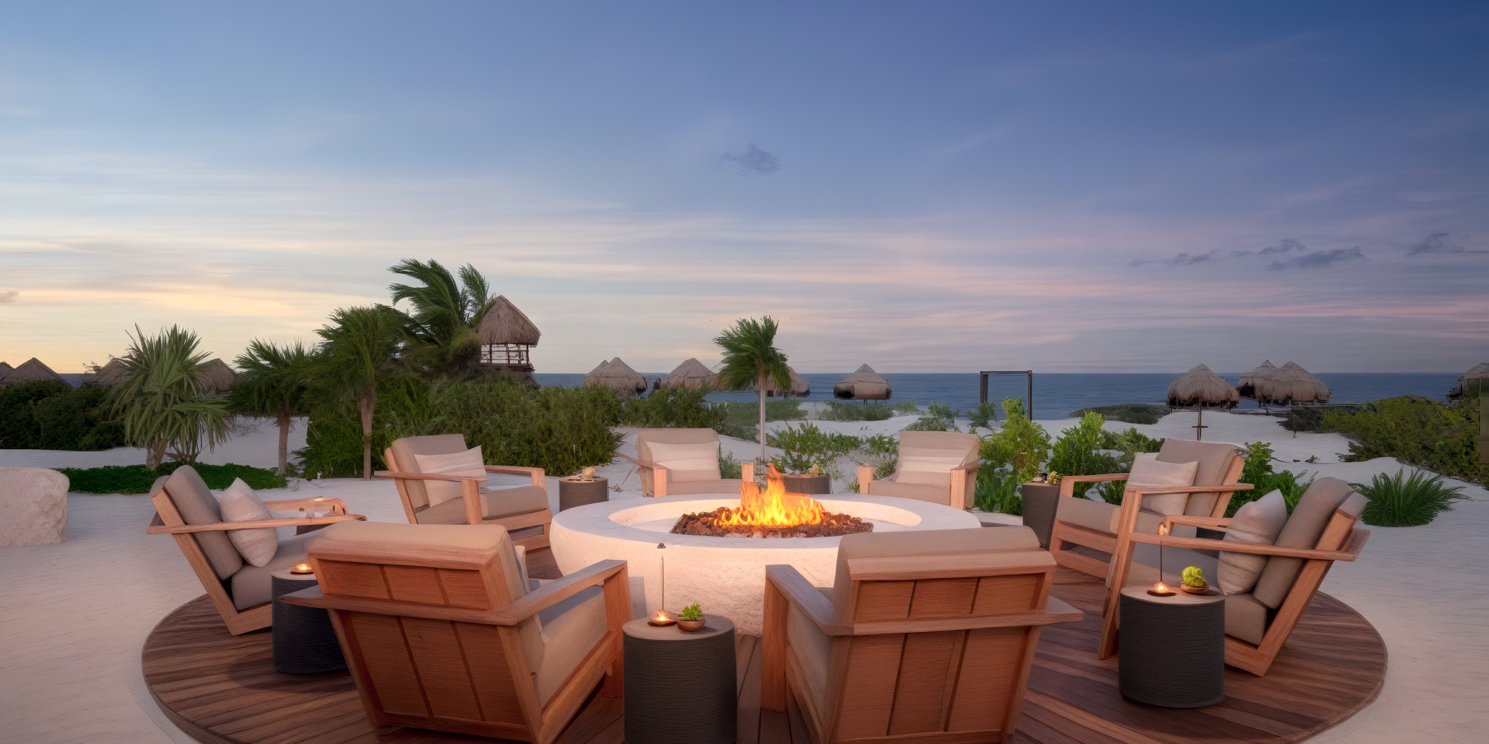 A fire pit with chairs set up on the beach at sunset, perfect for a destination wedding celebration.
