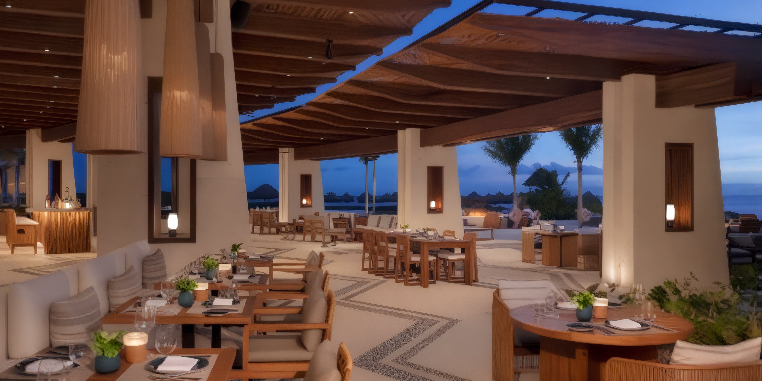 Secrets Playa Blanca Costa Mujeres: open-air dining with wooden ceilings, perfect for a wedding at dusk.