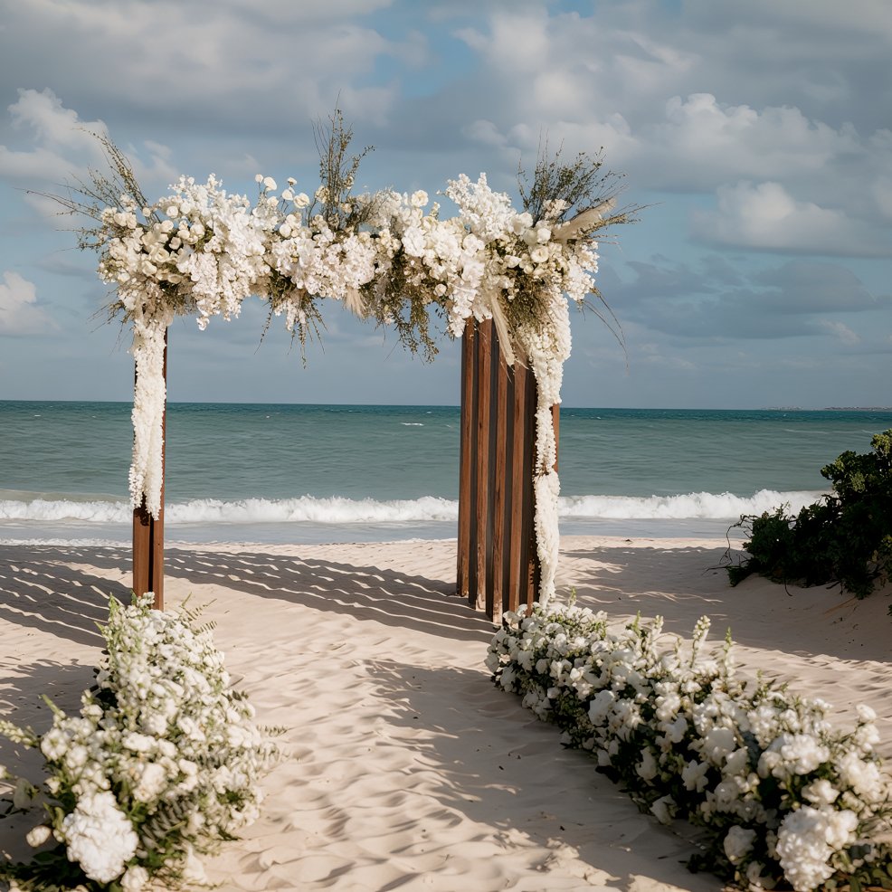Wooden arch with white flowers set up for a destination wedding on a sandy beach, ocean in view.