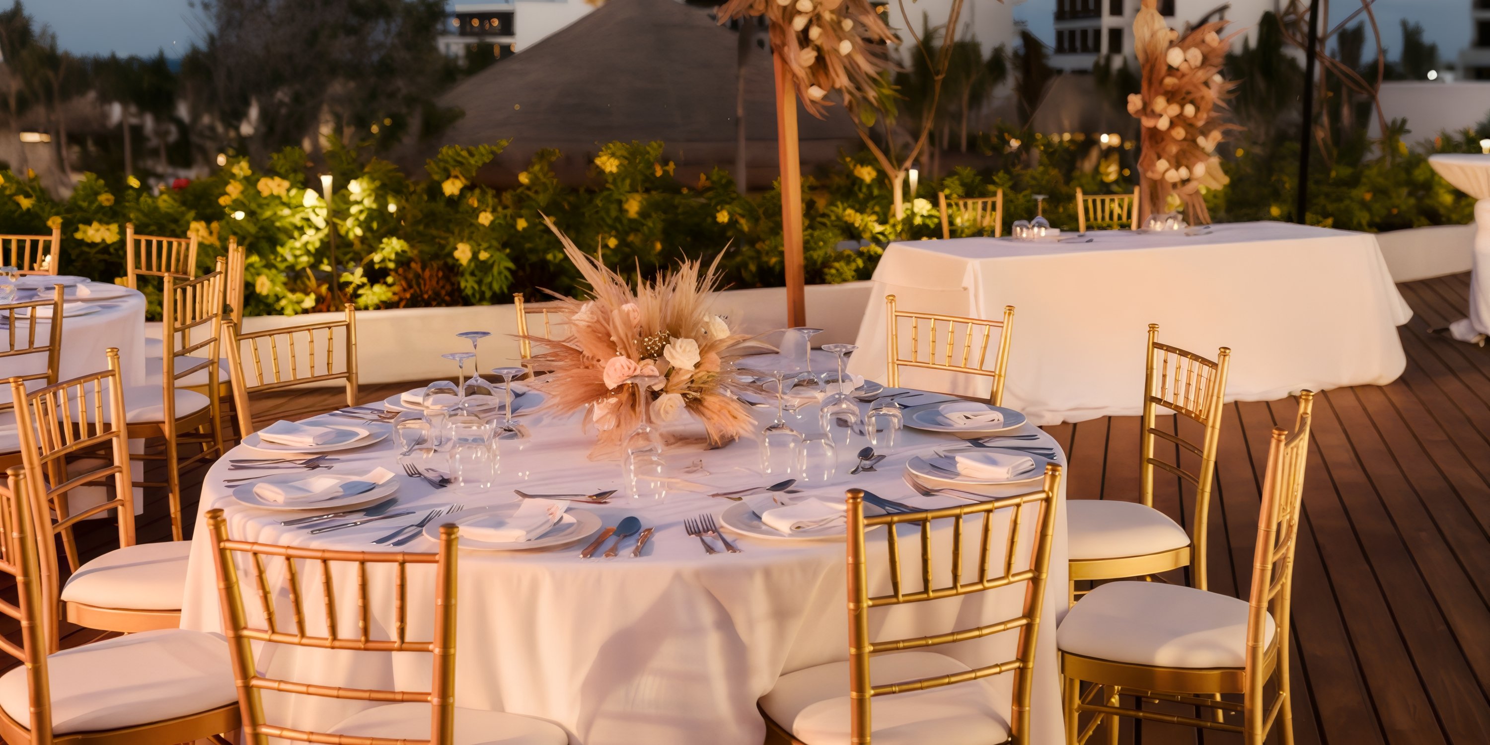 Destination wedding dinner at Secrets Playa Blanca: round table, gold chairs, floral centerpiece.