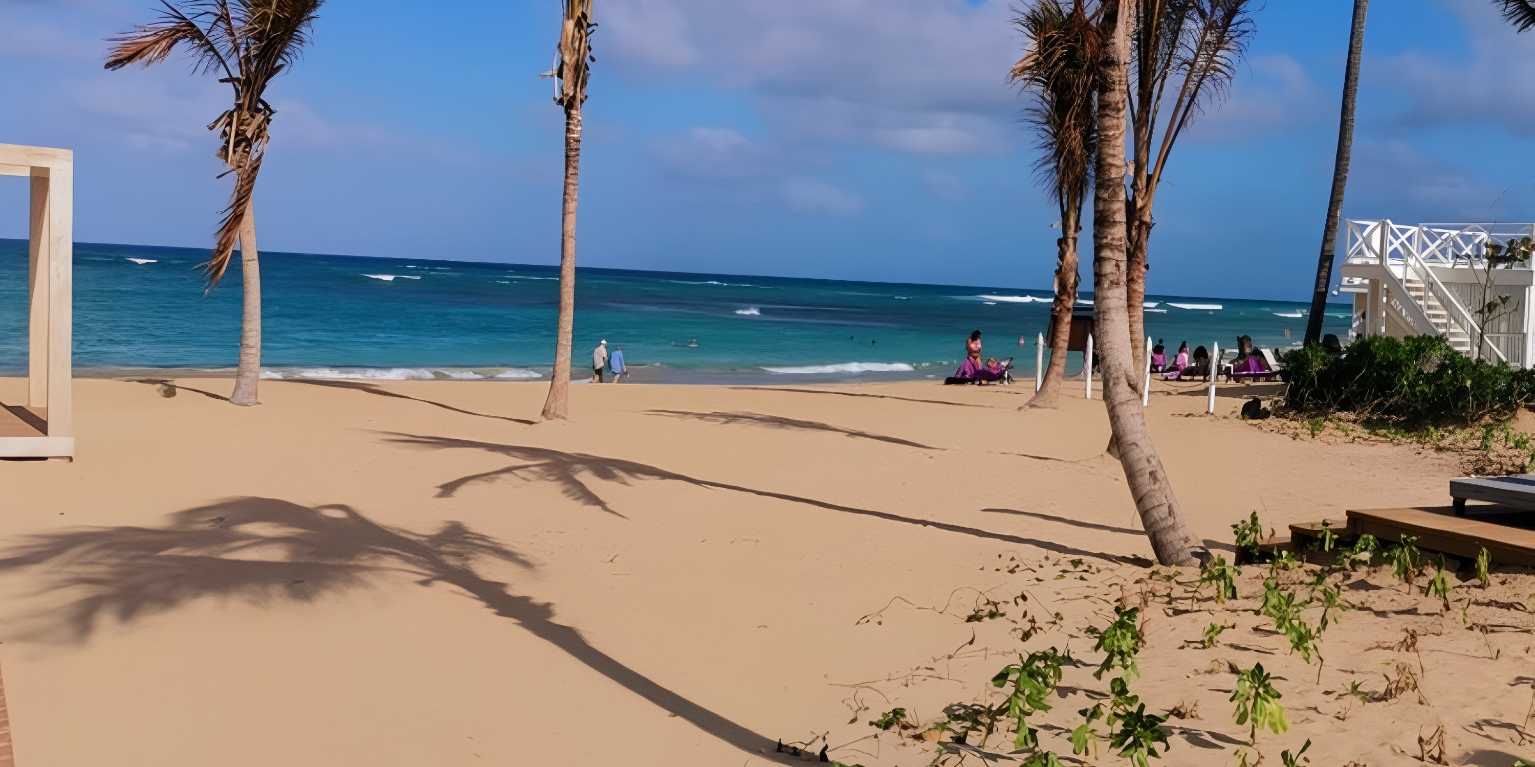 Secrets Tides: Destination wedding beach, palm trees, clear blue water, and guests strolling ashore.