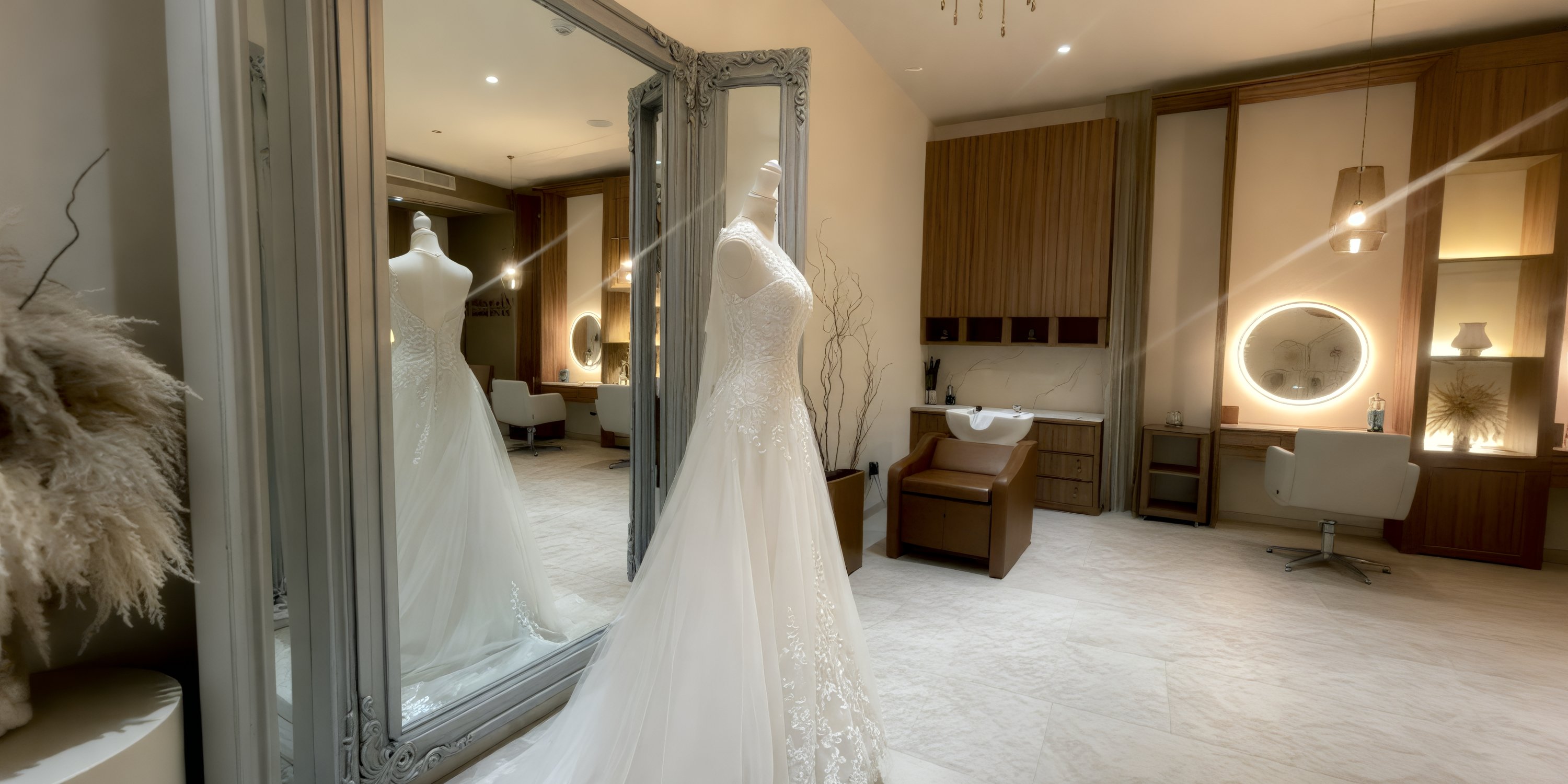 A Secrets Tides wedding gown is showcased on a mannequin in front of a large salon mirror.