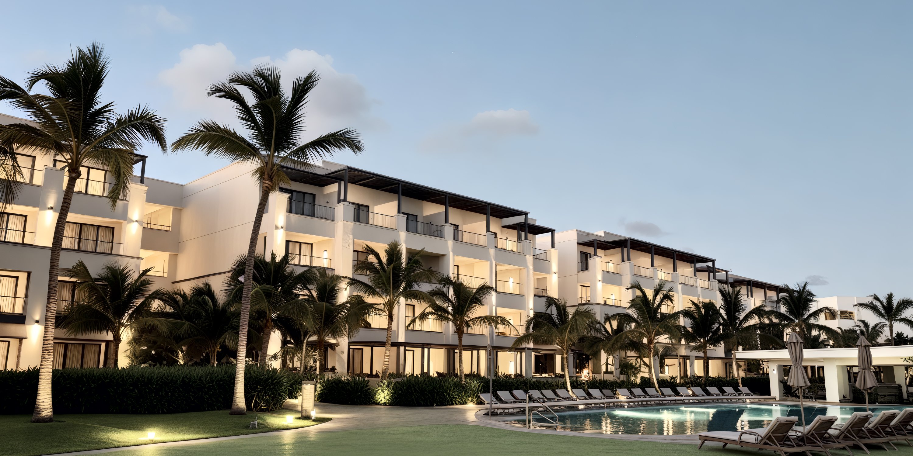 Secrets Tides resort at dusk, perfect for a destination wedding with balconies, palm trees, and pool area.