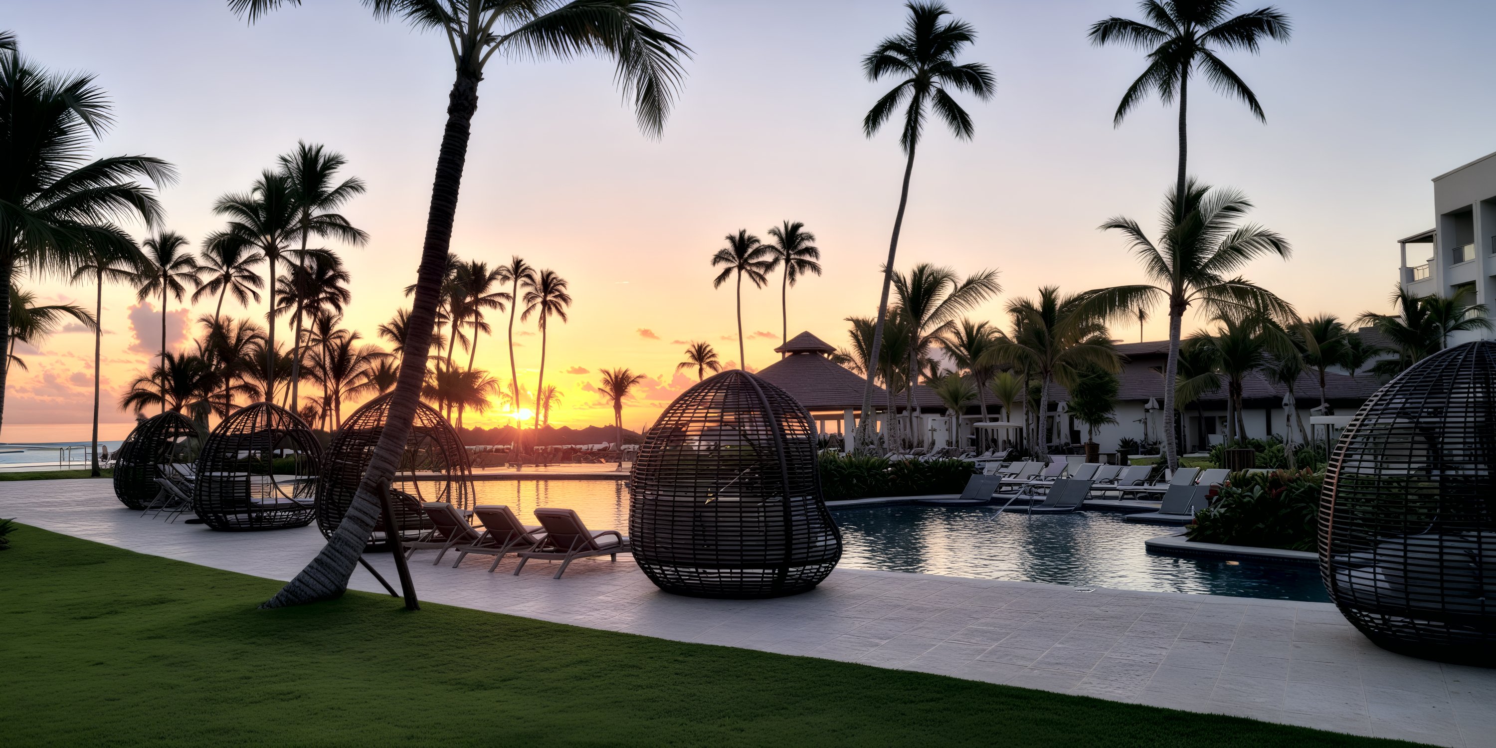 Secrets Tides resort poolside at sunset, perfect for a destination wedding, with lounge chairs and palms.