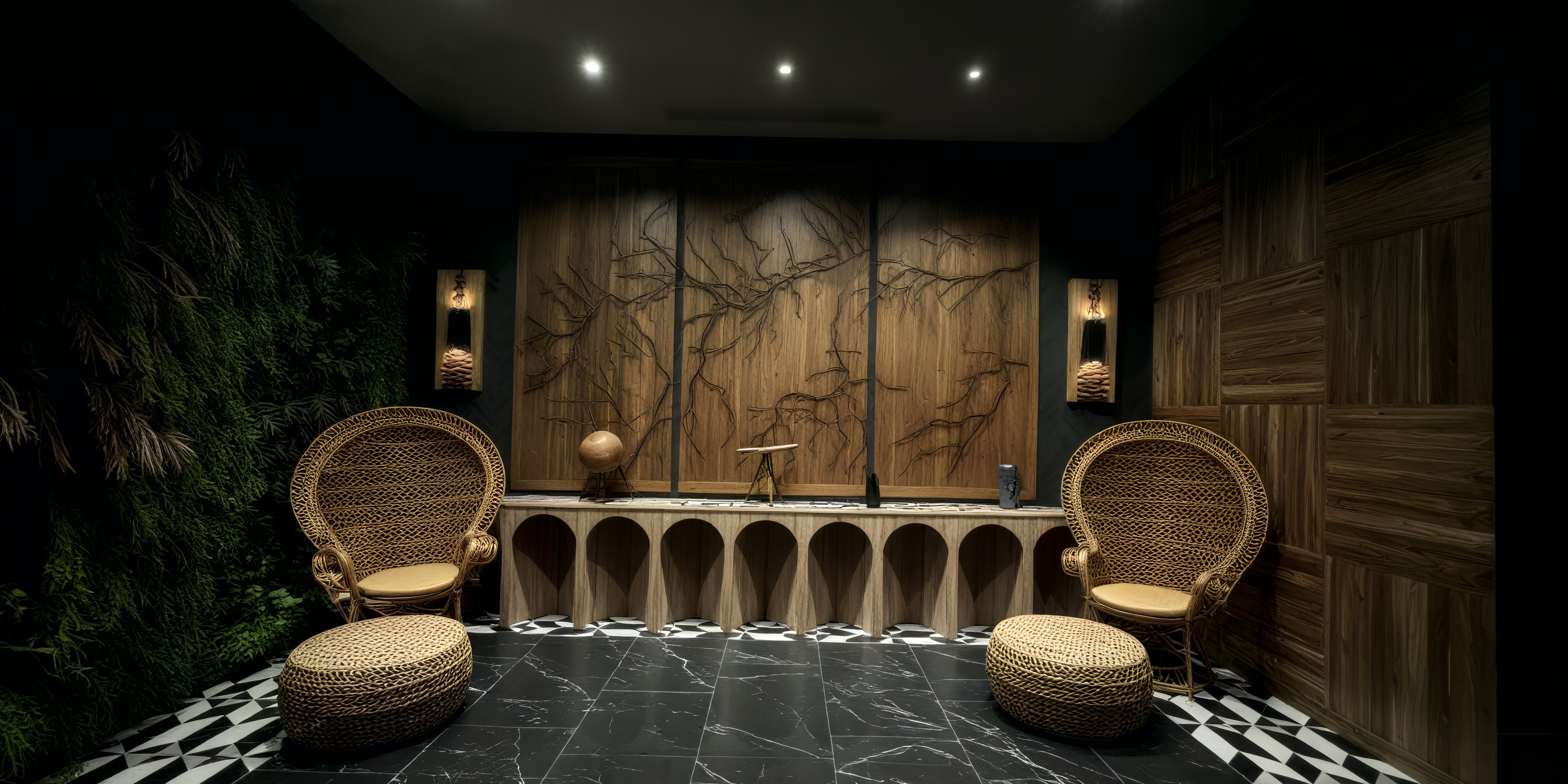 Elegant lounge ideal for a destination wedding, featuring Secrets Tides chairs, marble floors, and wood walls.