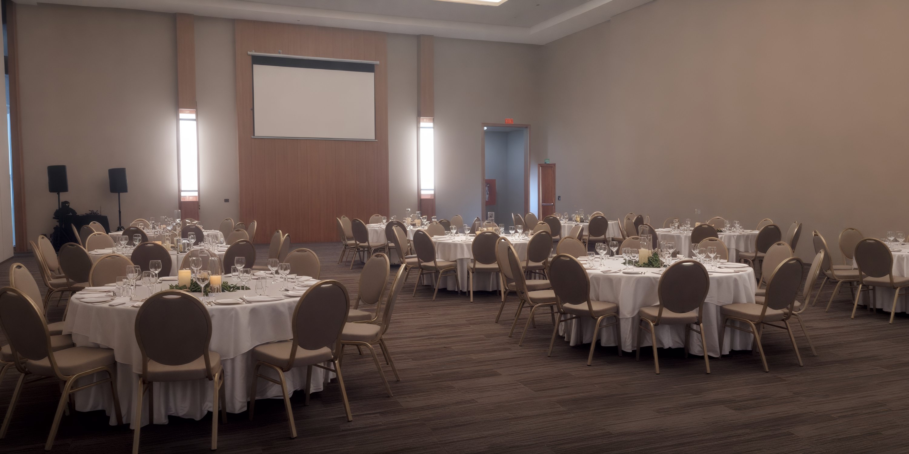 A banquet hall set for a destination wedding with Secrets Tides round tables, white linens, and chairs.