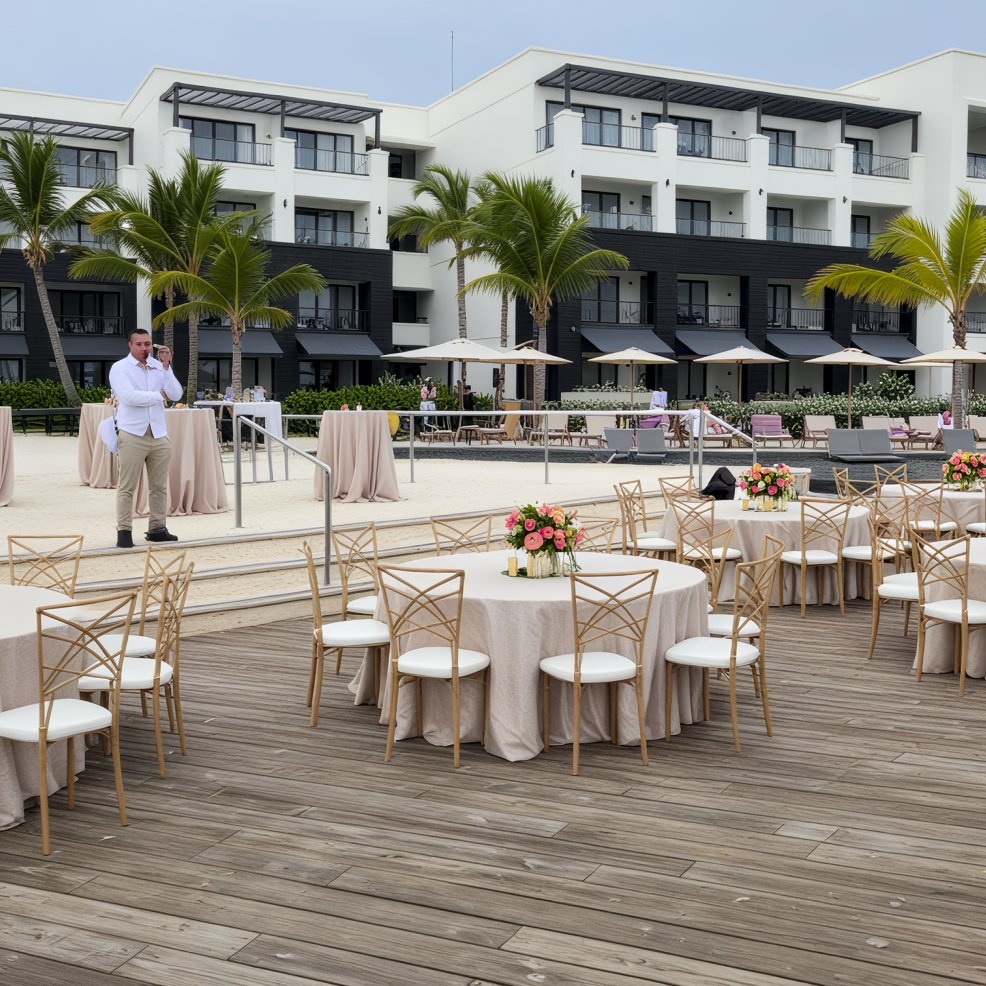 Destination wedding setup with round tables and chairs on a wooden deck beside a modern hotel.