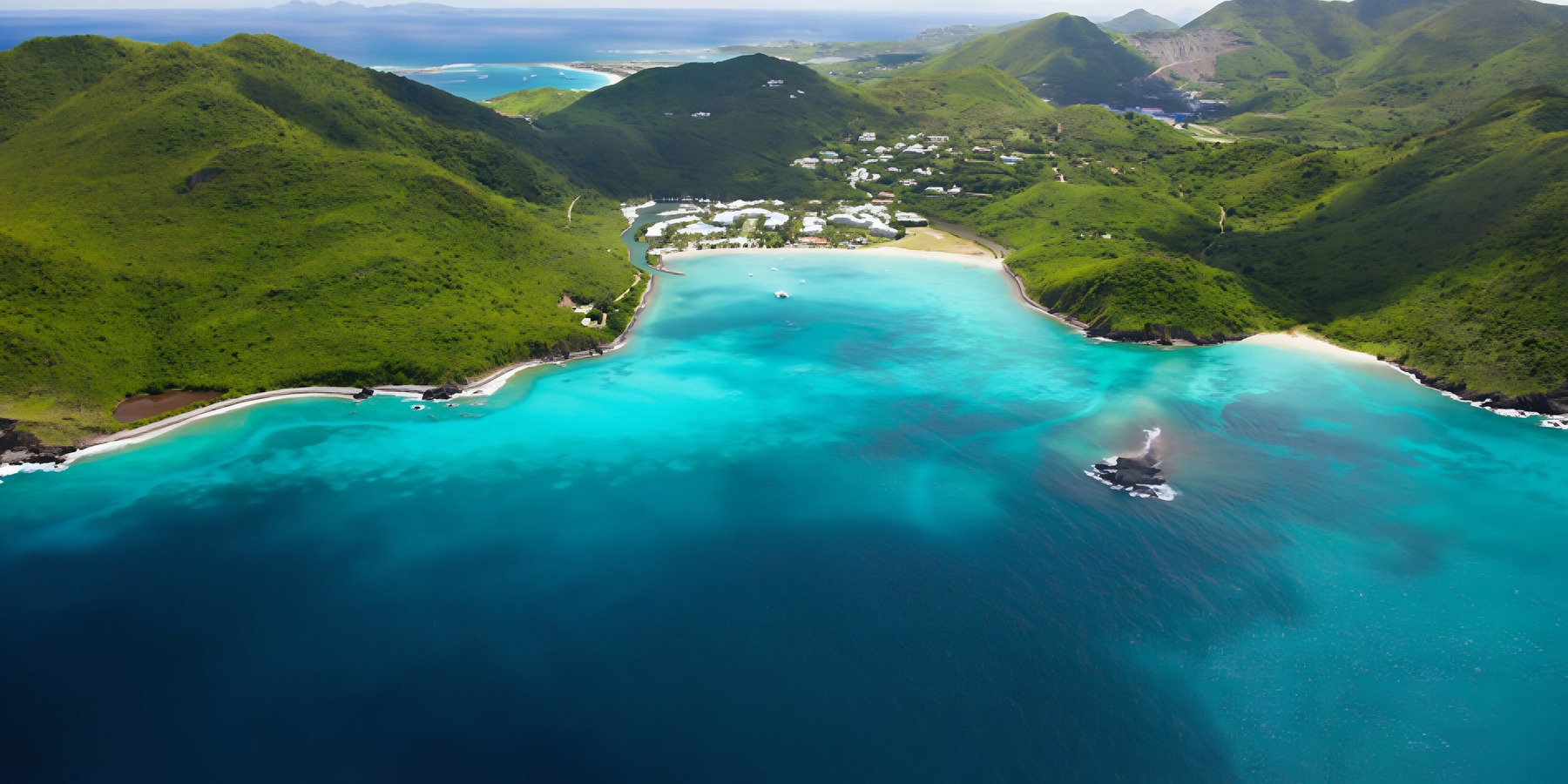 Aerial view of a lush, green tropical coastline with turquoise waters, white sandy beaches, and a small boat sailing near the shore.