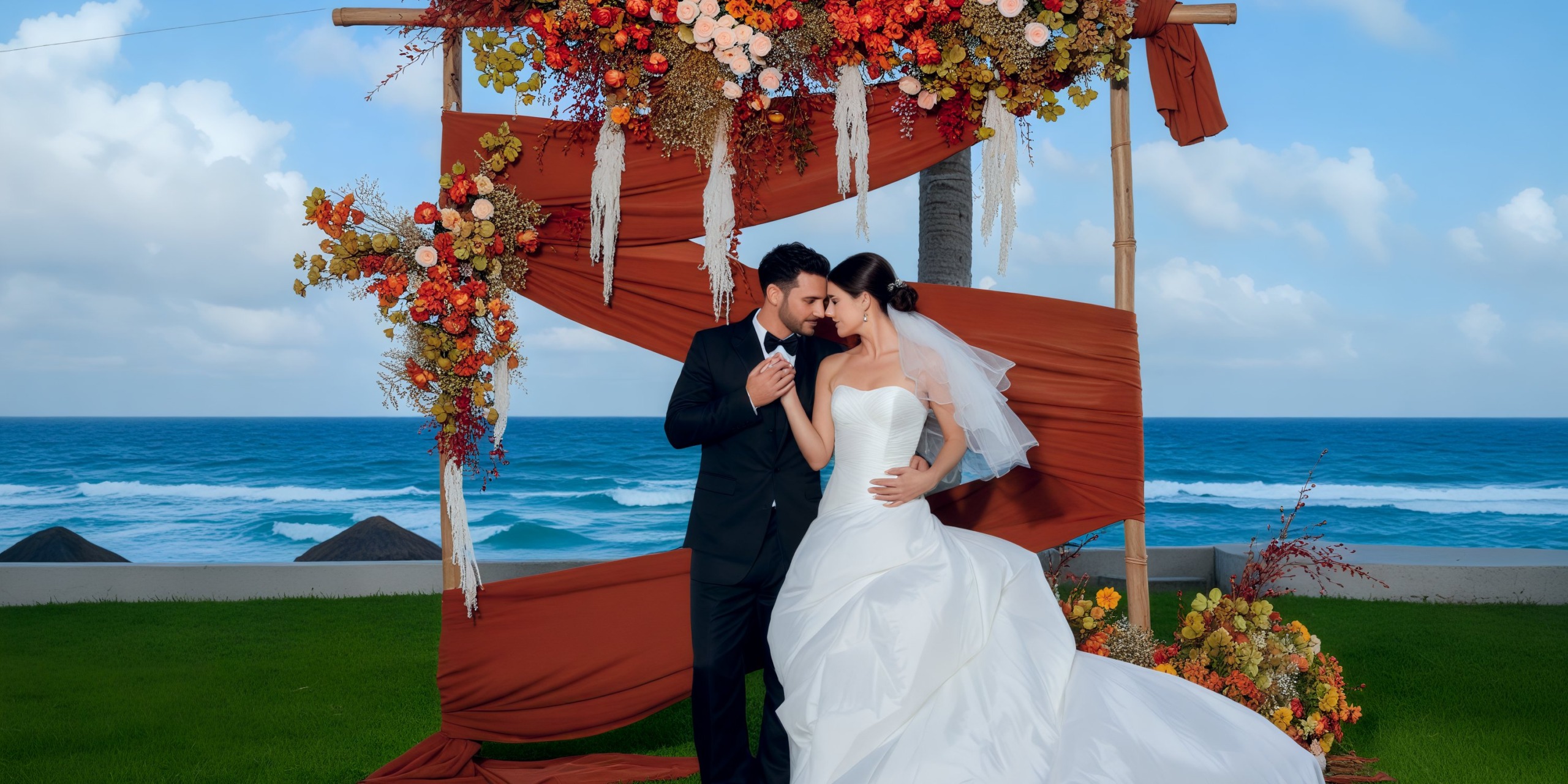Bride and groom exchange vows beneath a stunning floral arch at the Hilton Cancun Mar Caribe oceanfront venue, creating an unforgettable destination wedding experience.