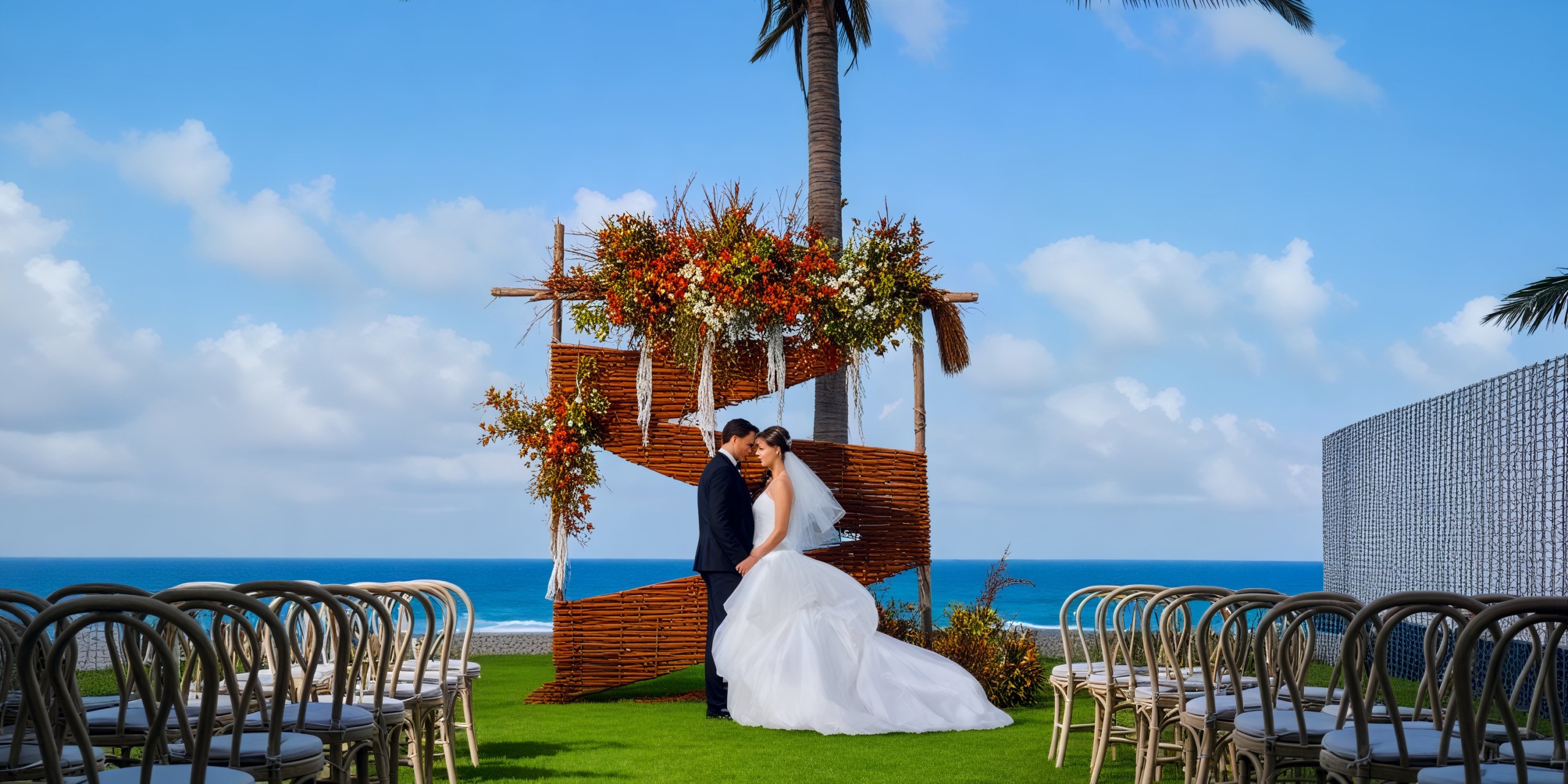 The bride and groom share a kiss at the seaside wedding altar of Hilton Cancun Mar Caribe, creating a picture-perfect moment for their destination wedding.
