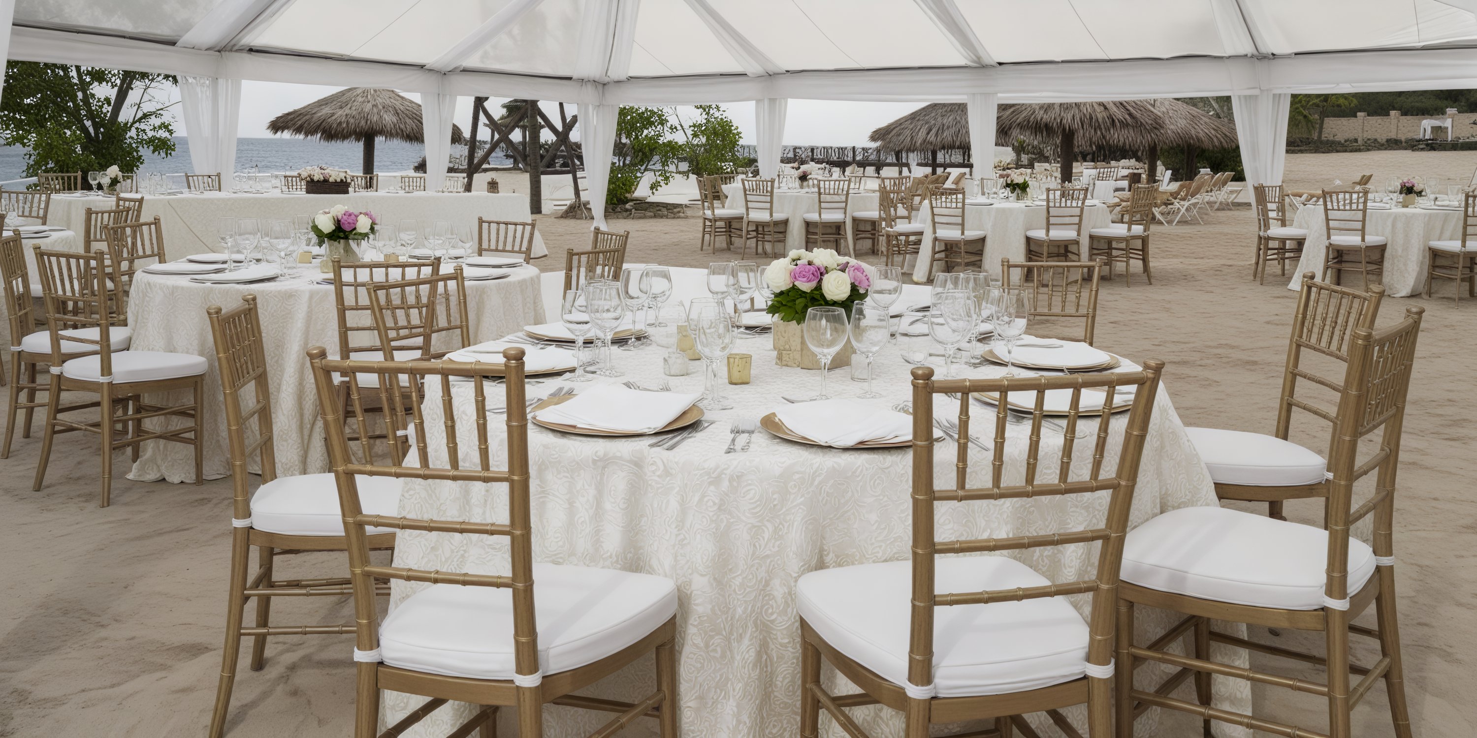 A picturesque destination wedding setup by the beach features tables adorned with floral centerpieces, surrounded by wooden chairs, all sheltered under a charming tent.