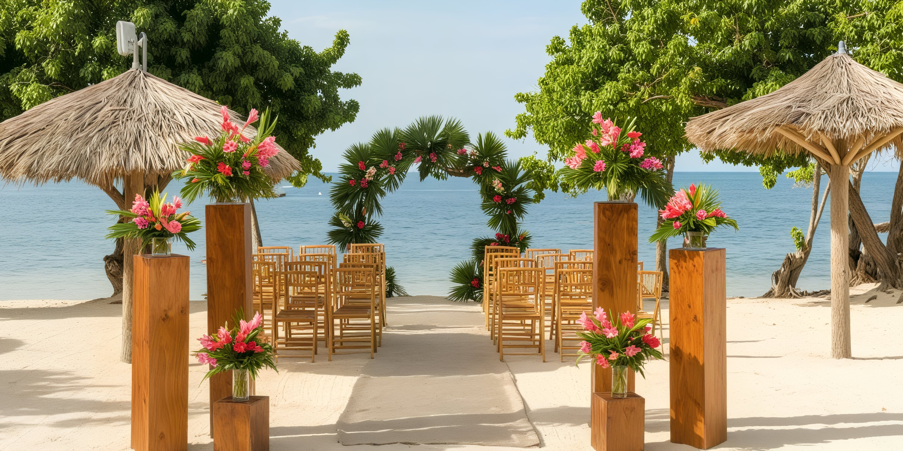 Setup for a destination wedding featuring an arrangement of chairs, beautiful floral displays, and a charming arch all oriented towards the ocean.